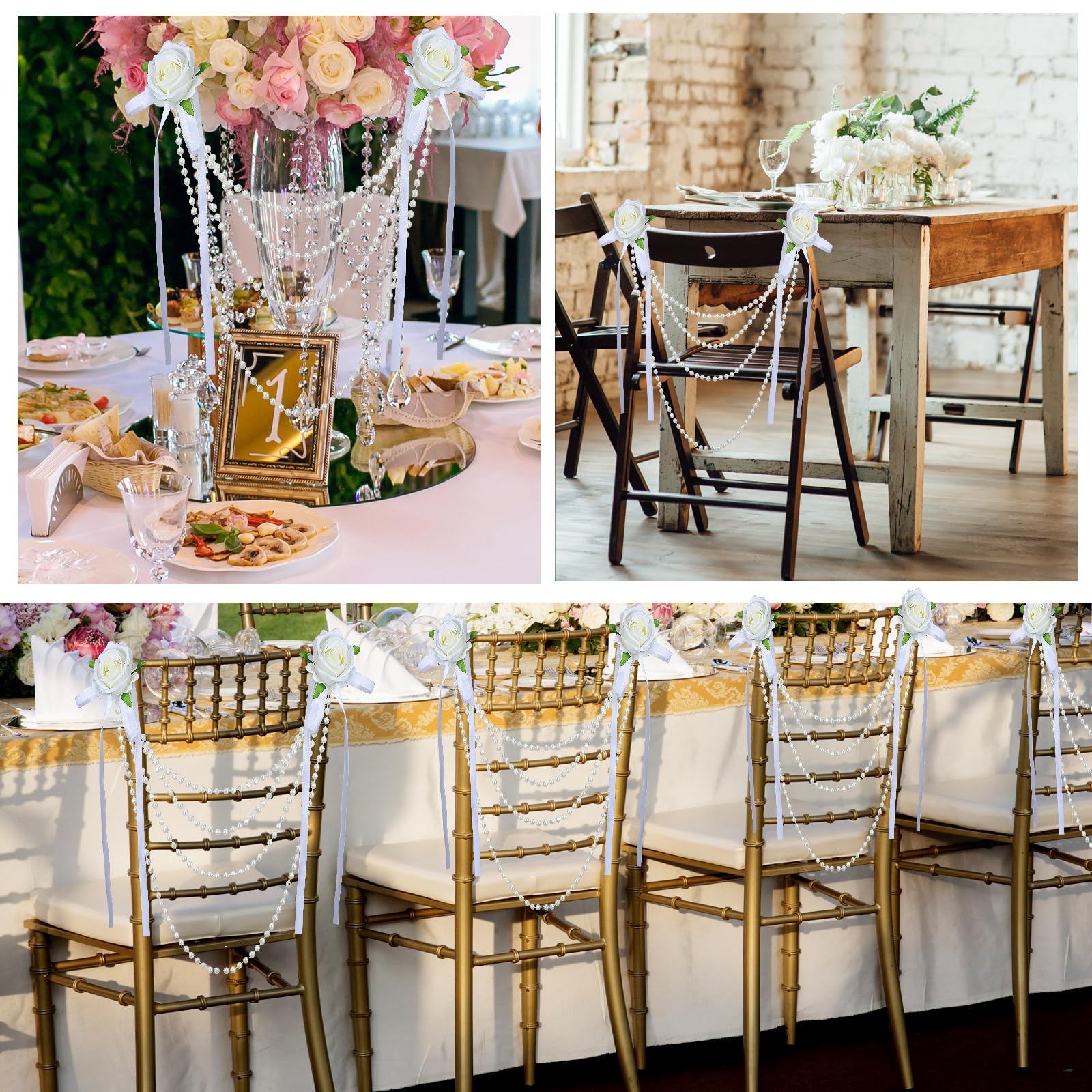 Wonderjune 16 Stück Perlenperlen Hochzeit Stuhl Girlande Dekoration Künstliche Rose mit Kunstperlen Perlenschnur Brautdusche Stuhl Schärpe Kokette Rückdekoration für Hochzeitszeremonie Party Bankett