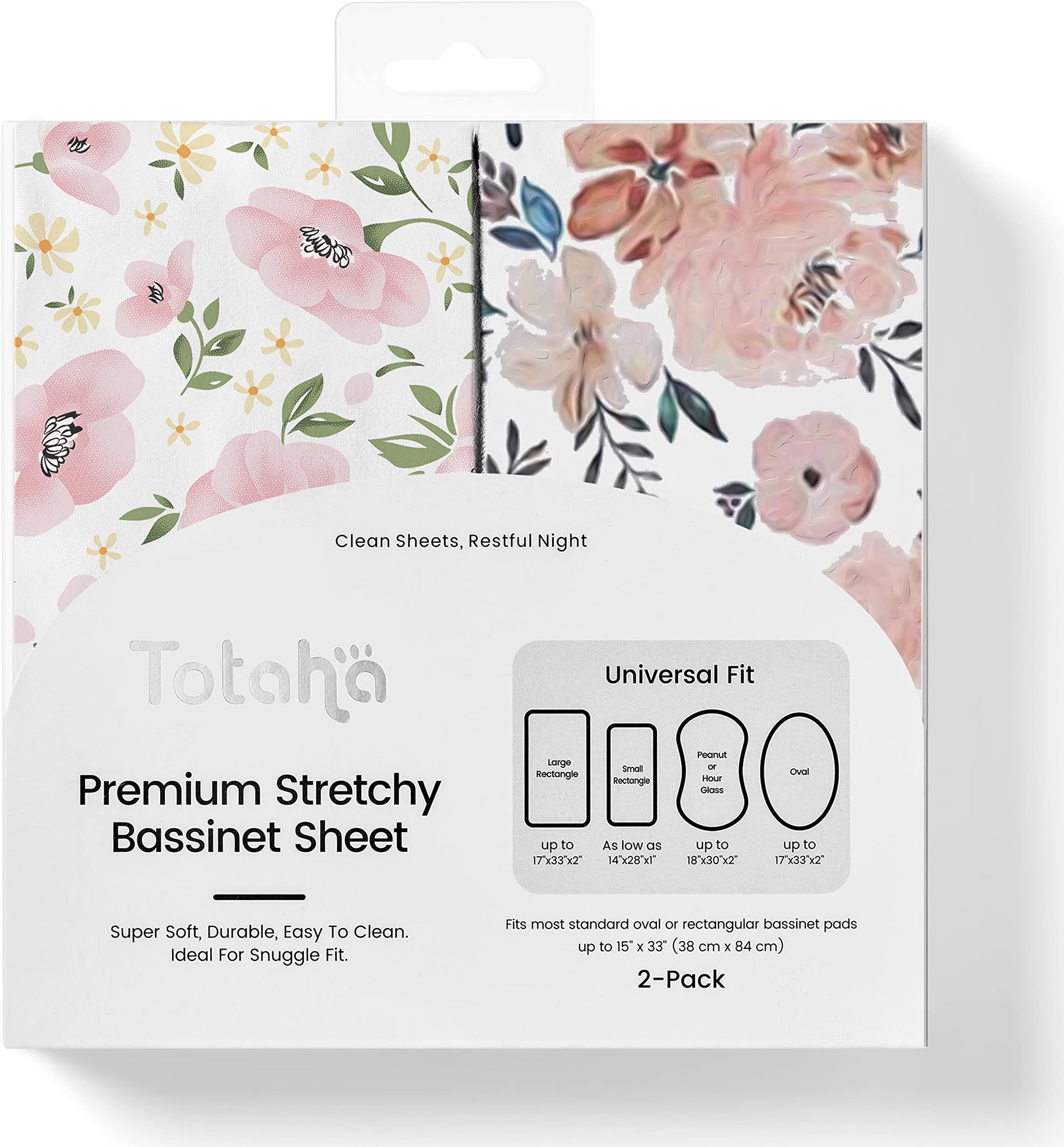 TotAha Premium Stretchy Bassinet Sheets for Baby Girl, Silky Comfort Cradle Sheets Fitted 18 x 36 for Oval, Rectangular, Hourglass Mattress, Hypoallergenic, Buttery Soft 2-Pack (Floral & Pale Pink)