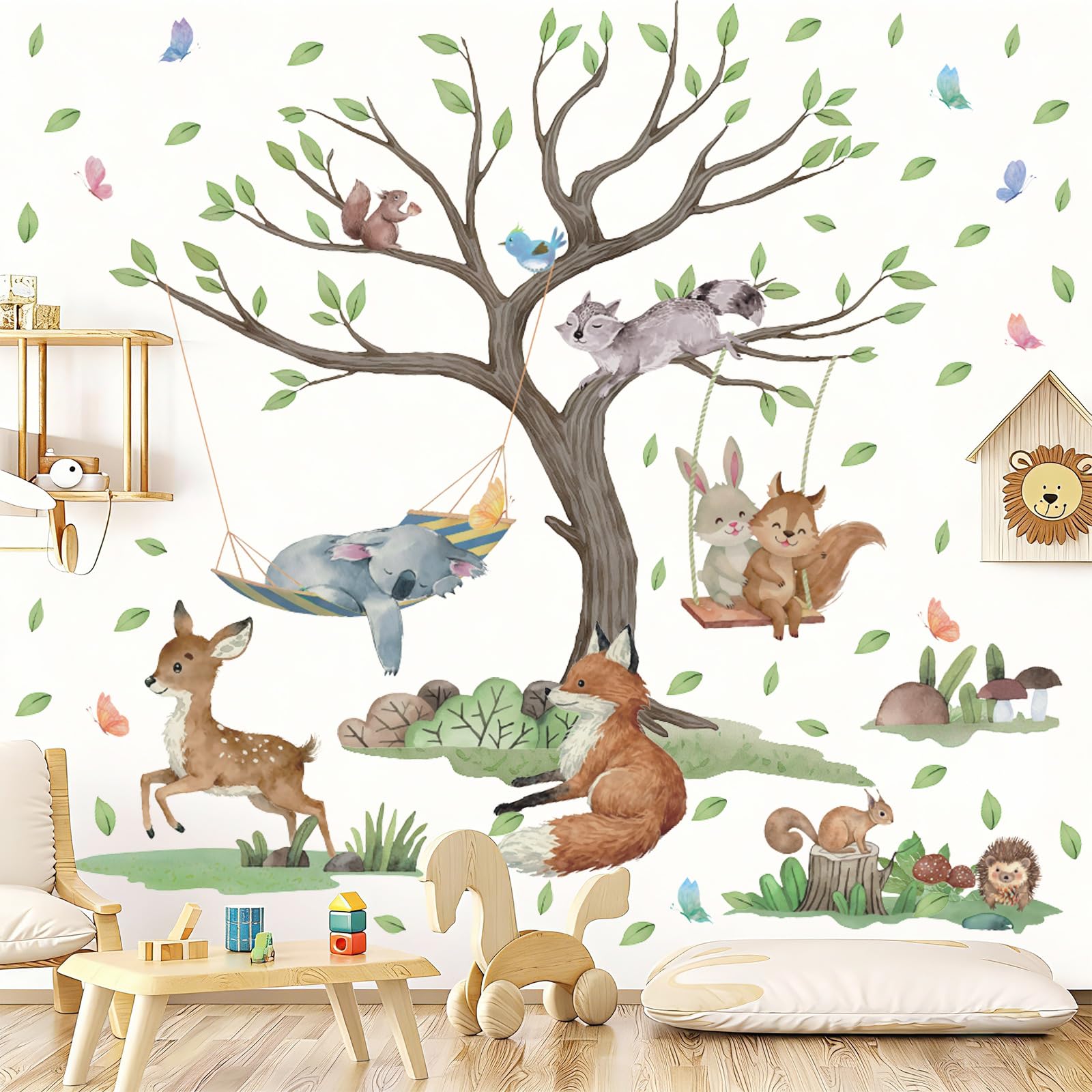 CHDITB Woodland Animal Tree Wall Decals Watercolor Woodland Wall Stickers for Nursery Fox Deer Squirrel Decals for Playroom Living Room Rabbit Art Sticker for Baby Kids Bedroom Decor,90x60cm — image 1