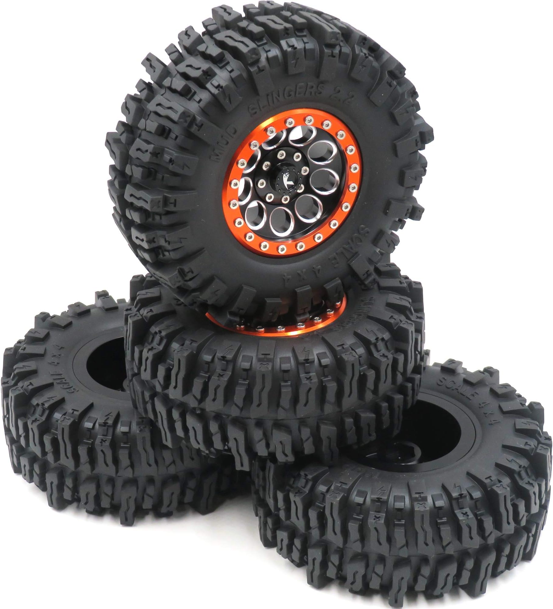 hobbysoul 4pcs RC Crawler 2.2 Mud Slingers Tires Tyres OD(Height) 124mm with Foam Insert & 4pcs Aluminium 2.2 Beadlock Wheels Rims