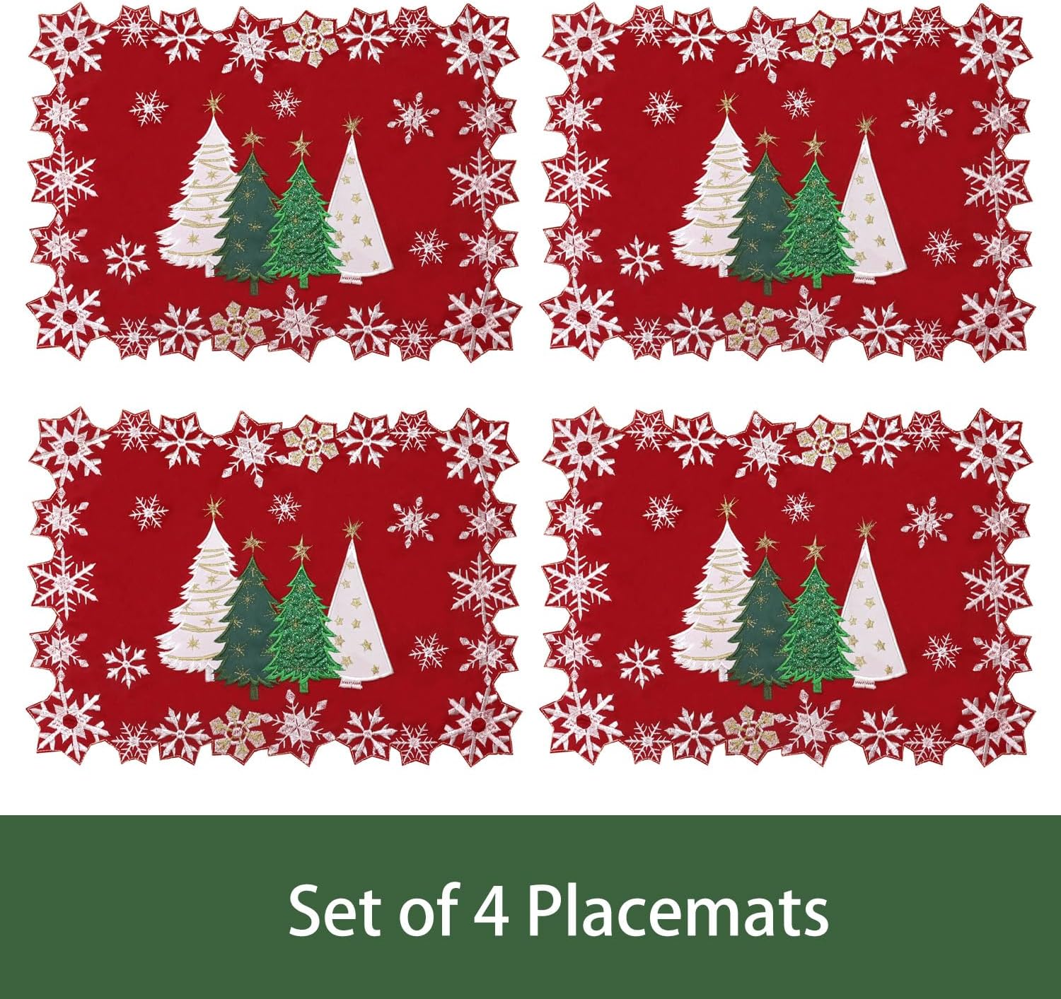 Christmas Tree Placemats Set of 4 Round Embroidered Red White Snowflakes Xmas Tree Runners Snow Decorations Coutout for Dinning Coffee Table Home Holiday Party Decor
