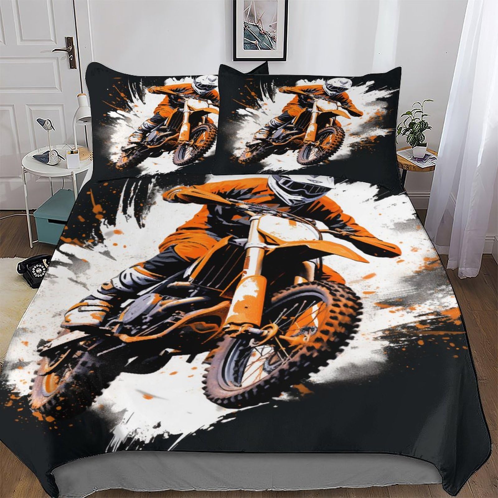 Motocross Duvet Cover 3D Bedding Set Soft Microfiber Comforter Cover Quilt Cover with Pillowcase for Kids Adult 2 Pieces Single(135x200cm)