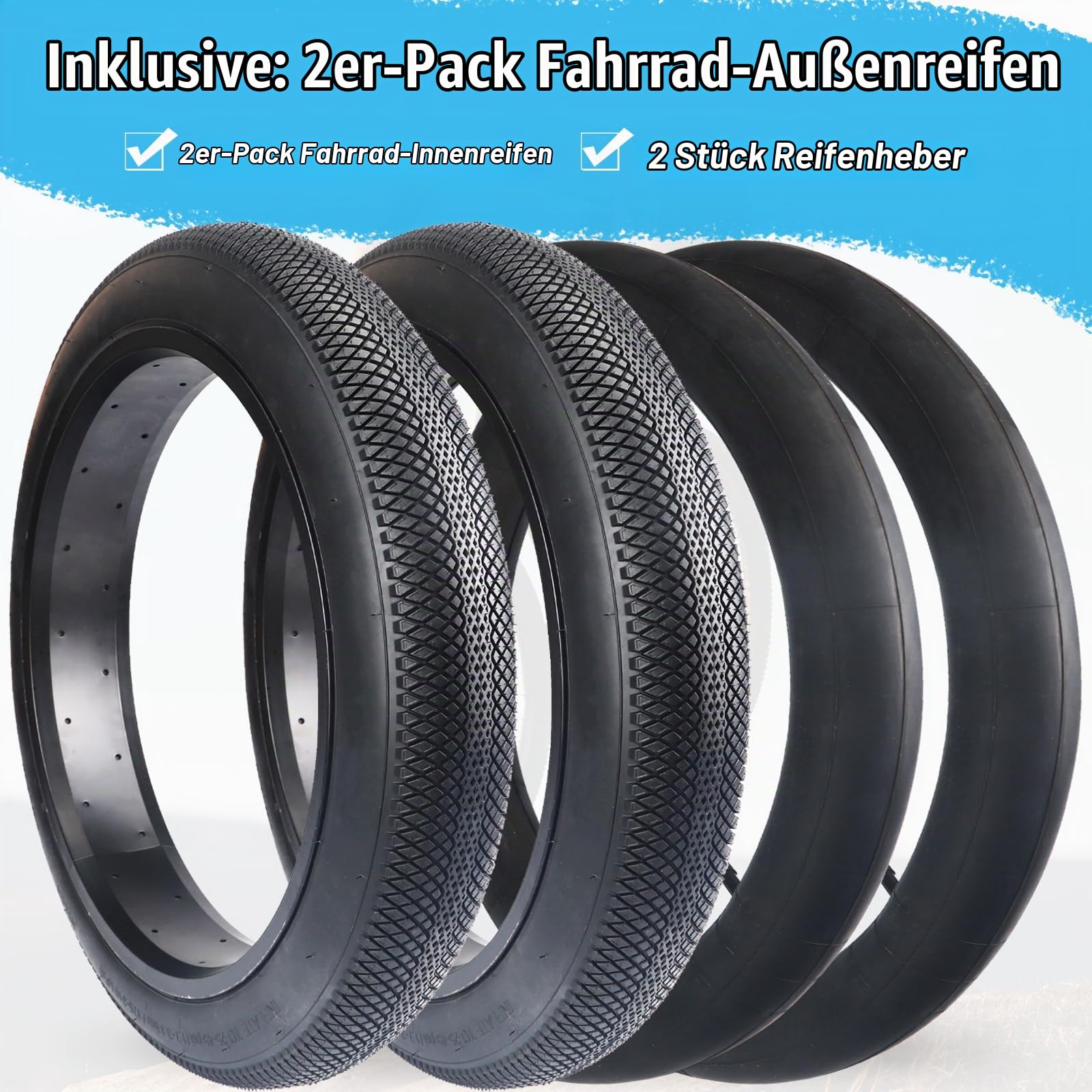 2er-Pack 3.0 Zoll E-Bike Reifen Fatbike Reifen 20/24/26x3.0 Heavy Duty Snow Bike Tires Fahrrad Mantel mit 2er-Pack 3.0 Fat schlauche AV32mm Ventil+ 2er Reifenhebel