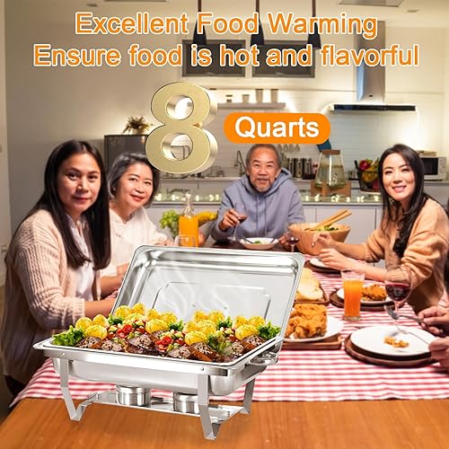 Miniatura 5 de Juego de 4 platos para bufé, de acero inoxidable de 8 cuartos de galón, plegable, rectangular, tamaño completo, servidores de comida con cubiertas,