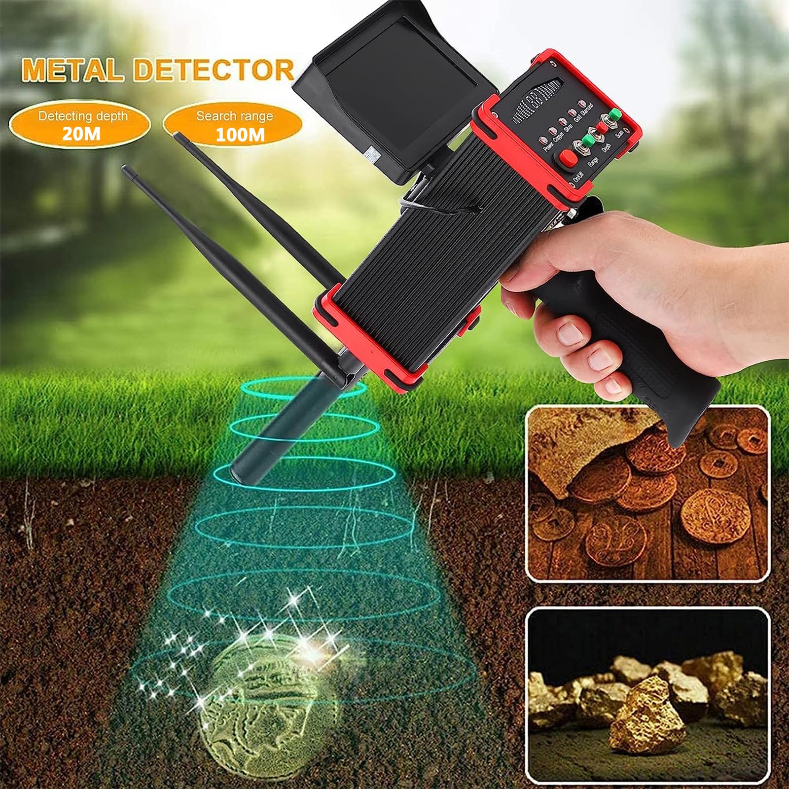 Detector de metales con pantalla LCD, doble varilla ajustable, profundidad de 20 m, alcance de 1000 m, identificación de 360° para caza de tesoros en la playa