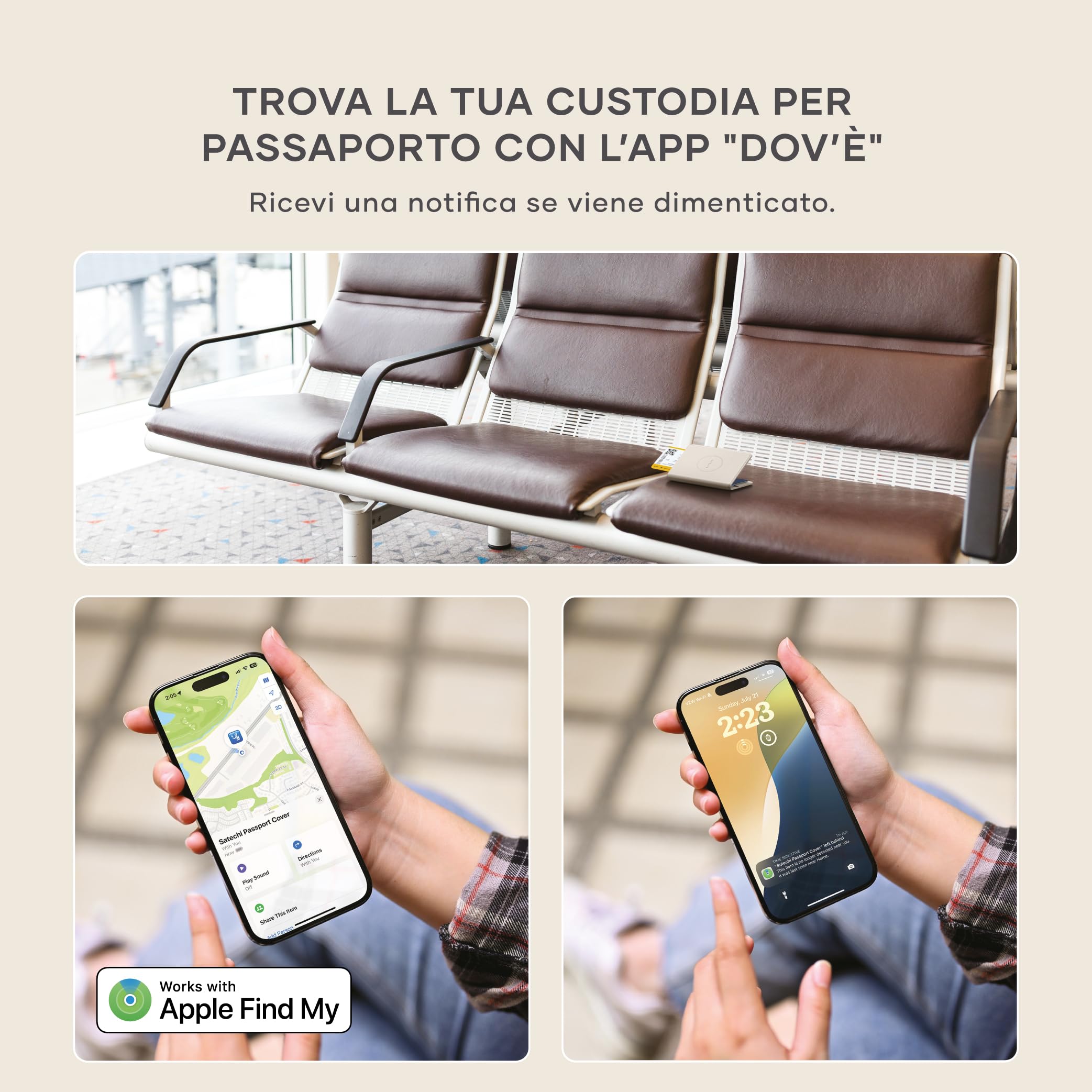 Satechi FindAll Custodia Passaporto da Viaggio con Find My con 4 Slot per Carte, Ricarica Wireless e Protezione RFID, Compatibile con App iOS Dov’è, Materiale Premium PU – Beige