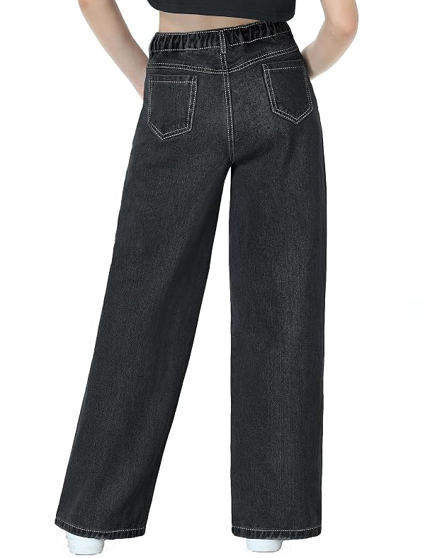 EXARUS Girls Jeans Wide Leg Pants Baggy Teen Clothes Tween Youth High Waisted Junior Preppy Casual Preteen Pockets Cute Y2K Outfits Kids Black 6Y by EXARUS - Image 4