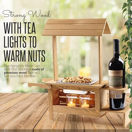Miniatura 5 de Soporte para botellas de vino con bandeja para servir aperitivos, carrito de madera de mesa para dulces y calentador de nueces con capacidad para 1