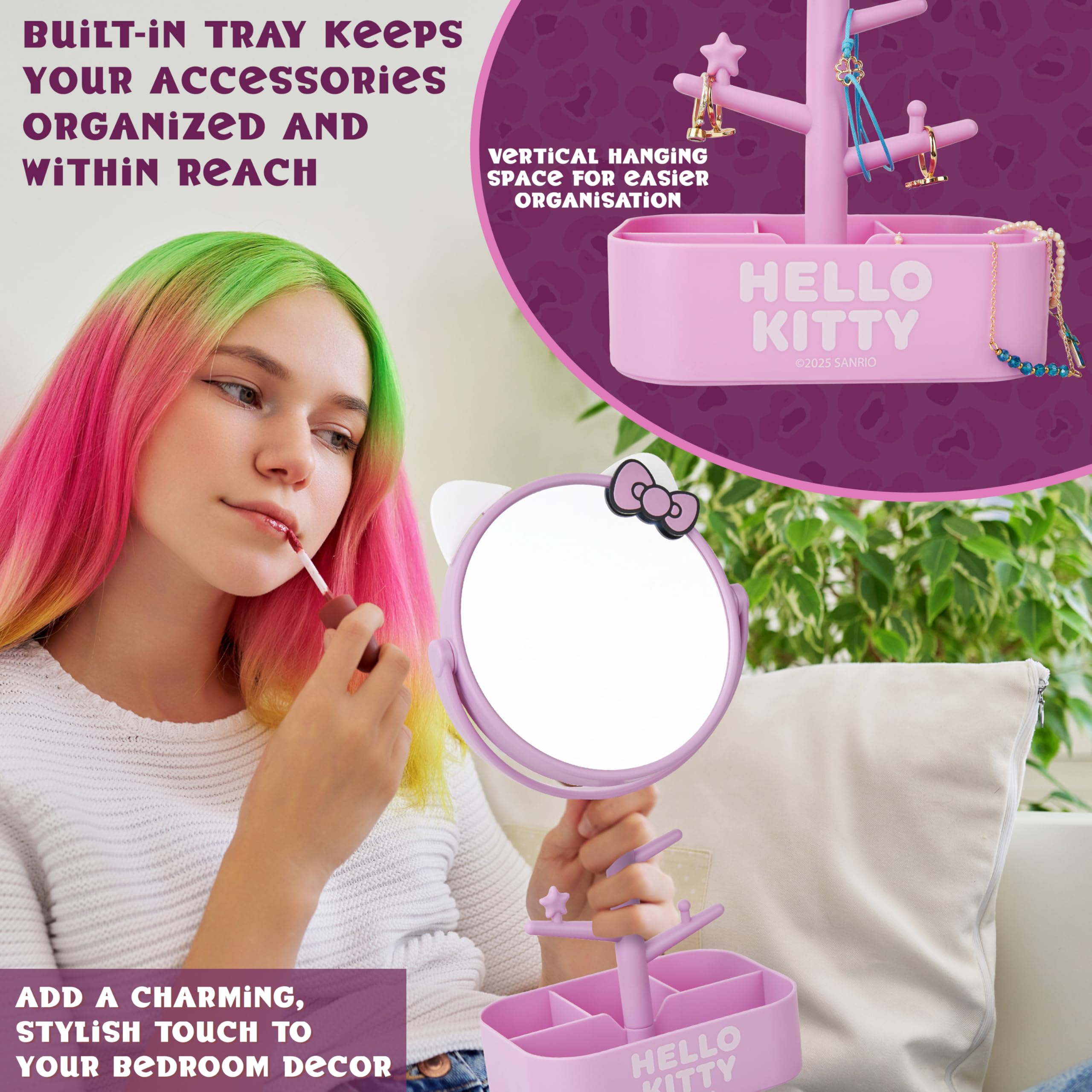 Get Trend Hello Kitty Sanrio Espejo Tocador Maquillaje Niña con Bandeja Joyas y Soporte Accesorios, Espejo Redondo Decorativo con Orejas 3D, Regalo Original (Rosa Hello Kitty)