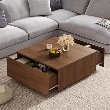 Coffee Table for Living Room, High-Gloss Square Center Cocktail Table Wooden Tea Tables with 4 Drawers, for Bedroom, Office, Walnut