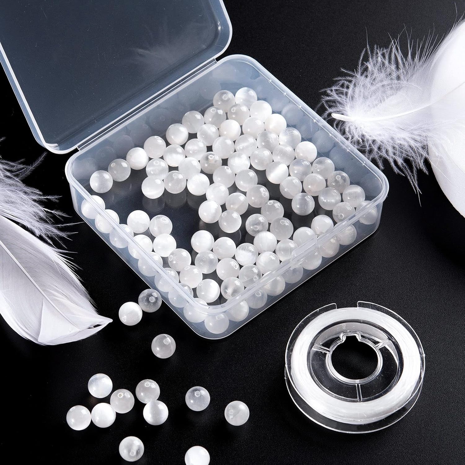 FASHEWELRY 100Pcs Natural Selenite Beads 8mm Round Gemstone Loose Beads with Elastic Crystal Thread for DIY Bracelet Necklaces Jewelry Making