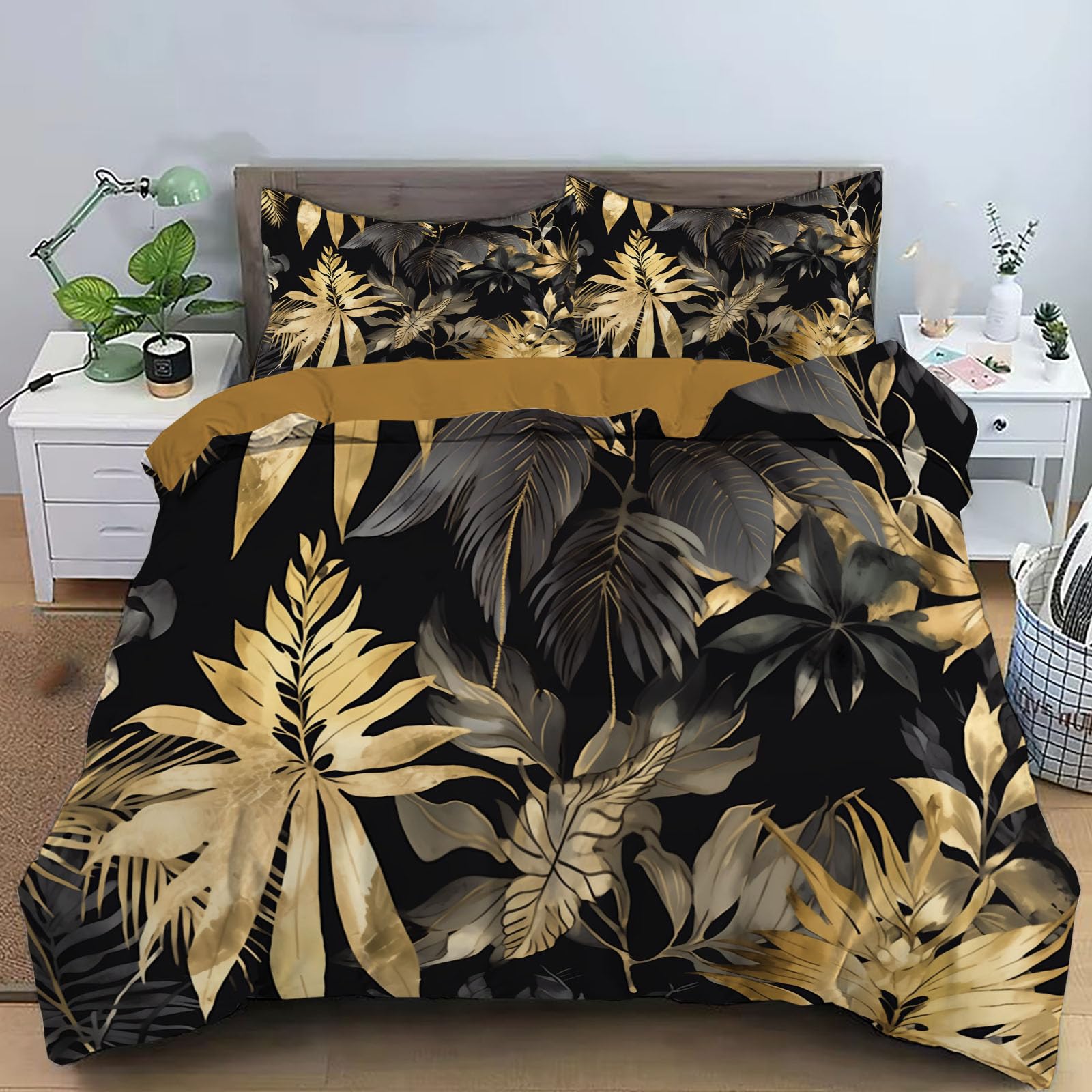 Housse de Couette 200x200cm Or Noir avec 2 Taies d'Oreiller Parure de Lit Réversible