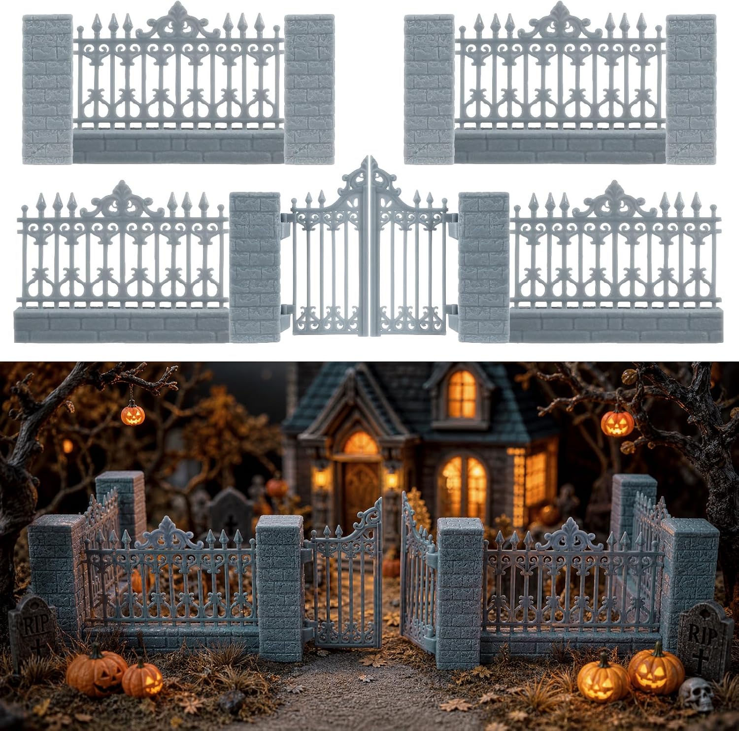Warmtree 12 Pcs Halloween Village Fence Accessories with Gates and Pillars