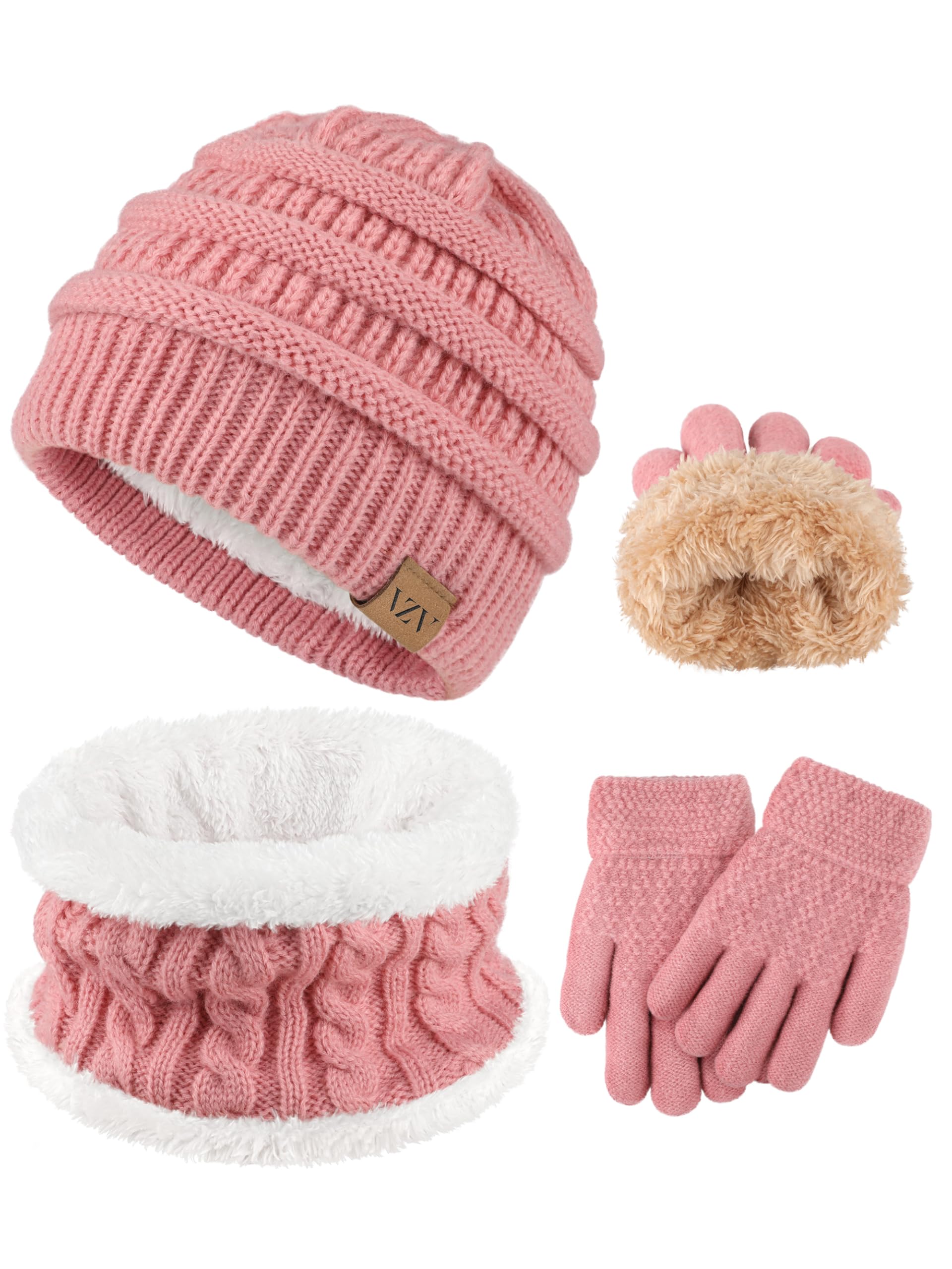 VZV 3 Wintermütze Kinder Schal Handschuhe Set, Mädchen Strickmütze Winterschal Thermo Fleecefutter Handschuhe für Jungen Mädchen 2-10 Jahre