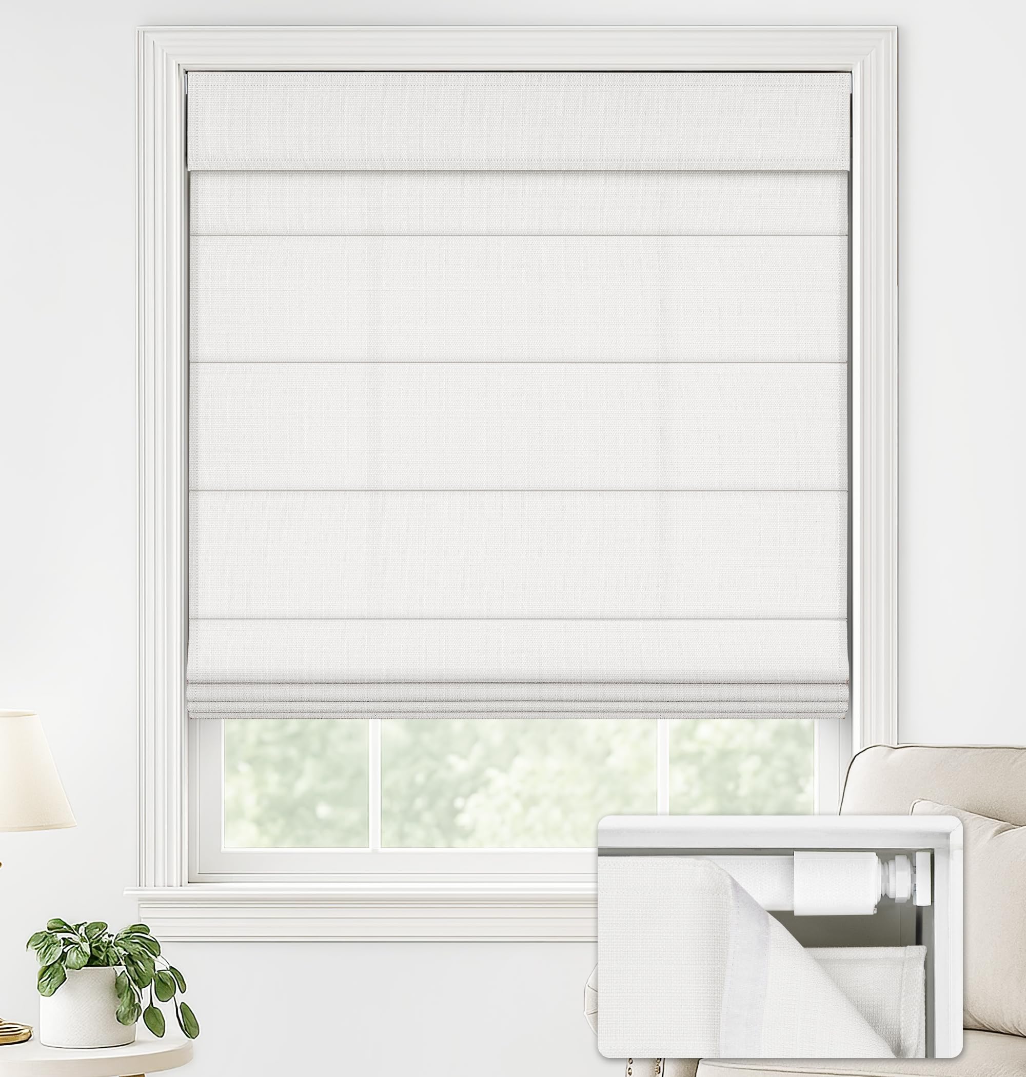 LazBlinds No Drill Roman Shades for Windows, Cordless Light Filtering Window Shades with UV Protection, Polyester Fabric for Bedroom & Living Room, 26" W x 64" H, Off White