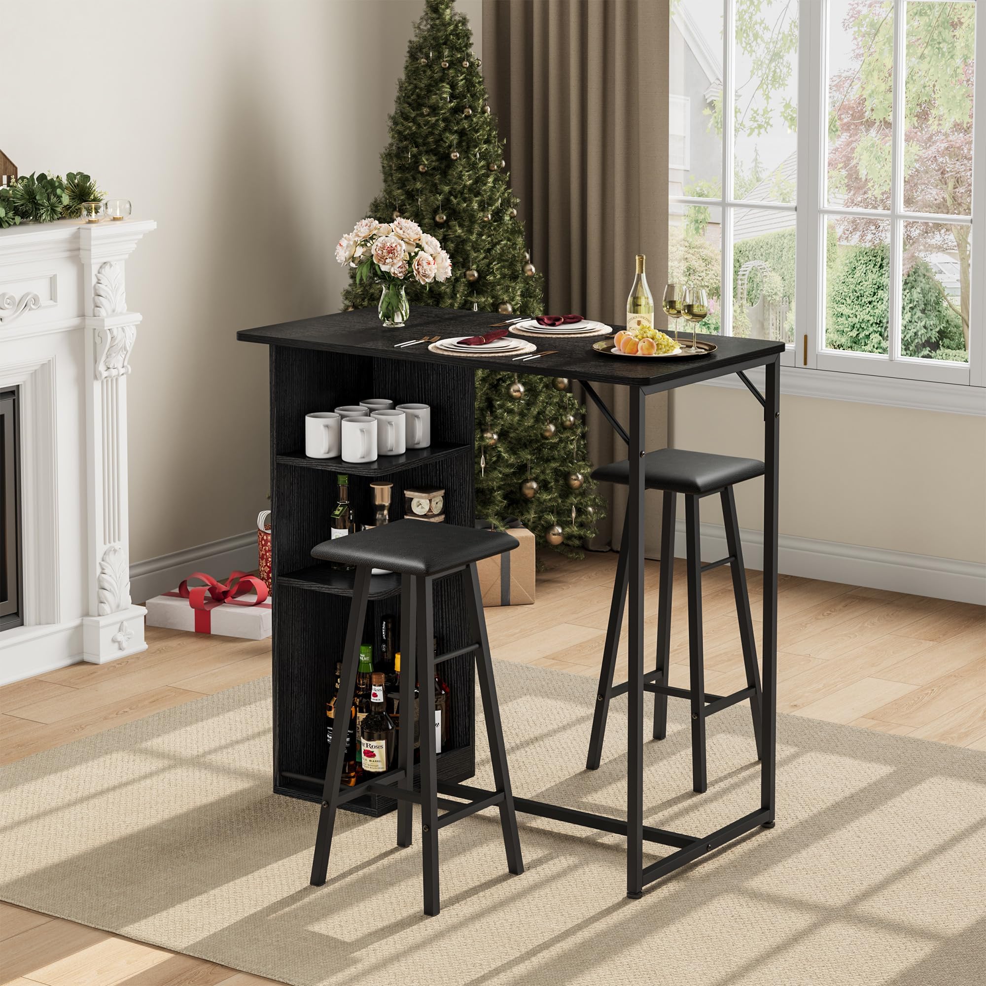 Garvee Conjunto de Bar Industrial 3 Piezas con 3 estantes – Mesa y 2 taburetes, Soporte para Copas – Ideal para Cocina o Comedor pequeño – Negro con Estructura y cojín Negros