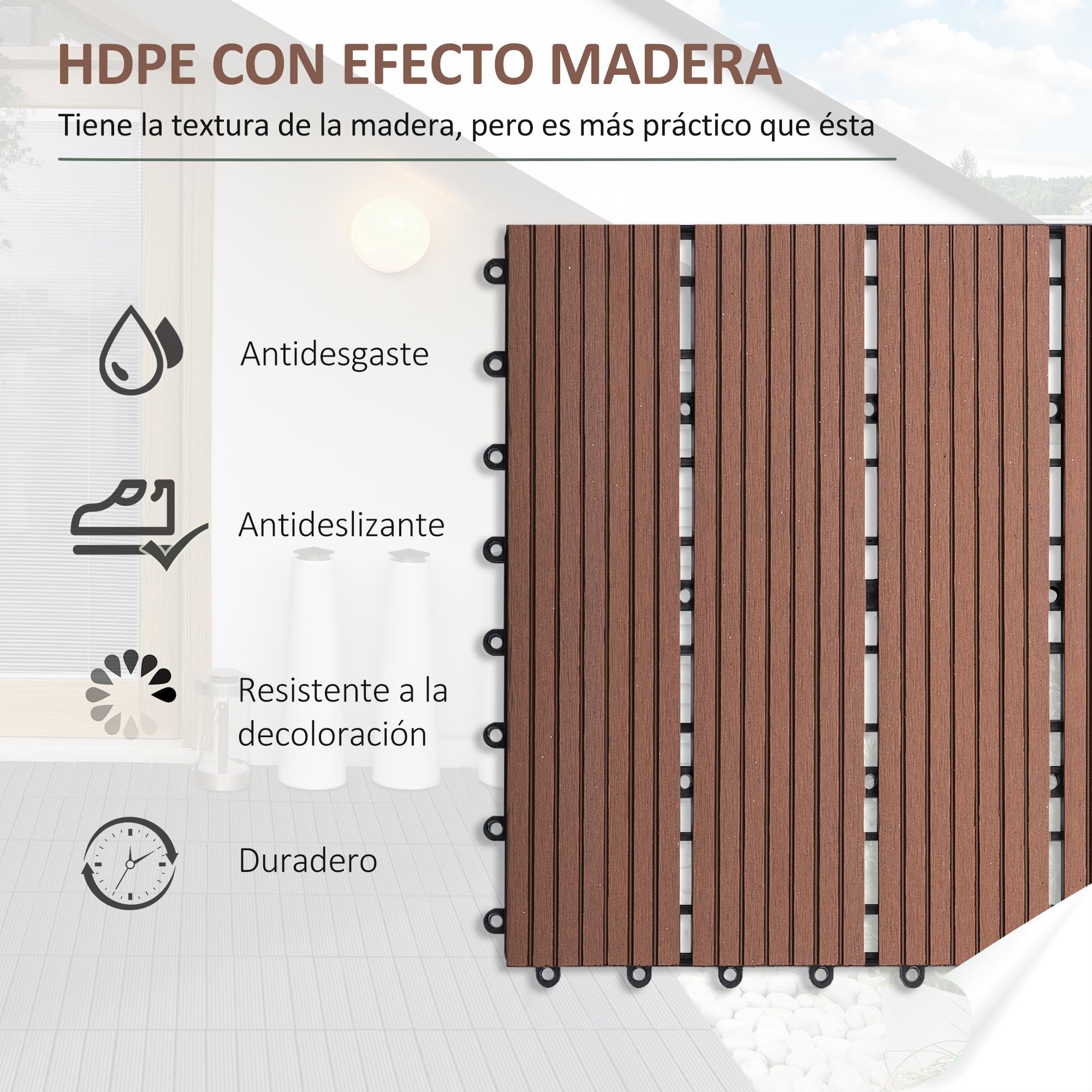 Outsunny Set de 11 Piezas Baldosas de Exterior 30x30 cm 1 m² Suelo de Jardín Exterior Antideslizantes y Resistentes al Clima de Fácil Instalación para Jardín Terraza Balcón Marrón