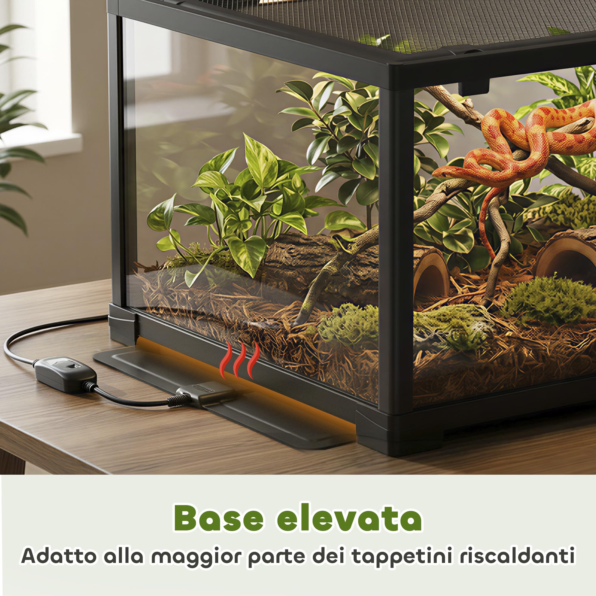 PawHut Terrario per Rettili Rialzato 60x45x32 cm con Doppia Serratura, Porta per Alimentazione, Ventilazione e Visuale a 360°, Rettilario con Rete Metallica per Ucertole, Ragni, Gechi, Serpenti, Nero