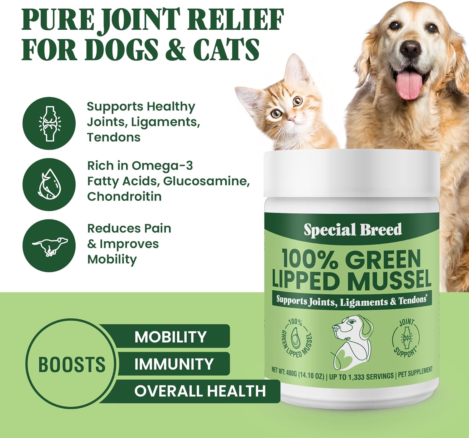 Special Breed Green Lipped Mussel Powder for Dogs & Cats - 100% New Zealand Green Lipped Mussels - Natural Hip & Joint Supplement for Joints, Tendons, Ligaments, Muscles - 400 Grams - 1,333 Servings