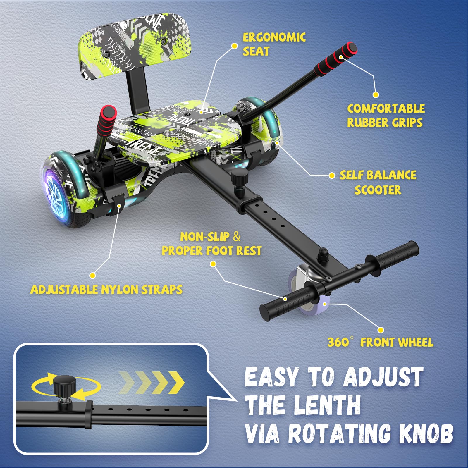 Trottinette avec siège réglable, Hoverboard auto-équilibré à deux roues de 6,5 pouces, avec haut-parleurs Bluetooth et lumières LED tendance