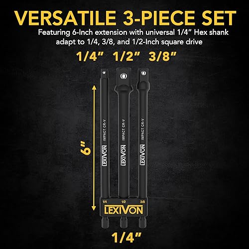 Miniatura 2 de LEXIVON Juego de adaptadores de enchufe de grado de impacto, broca de extensión de 6 pulgadas con soporte, 3 unidades de 1/4, 3/8 y 1/2 pulgadas,