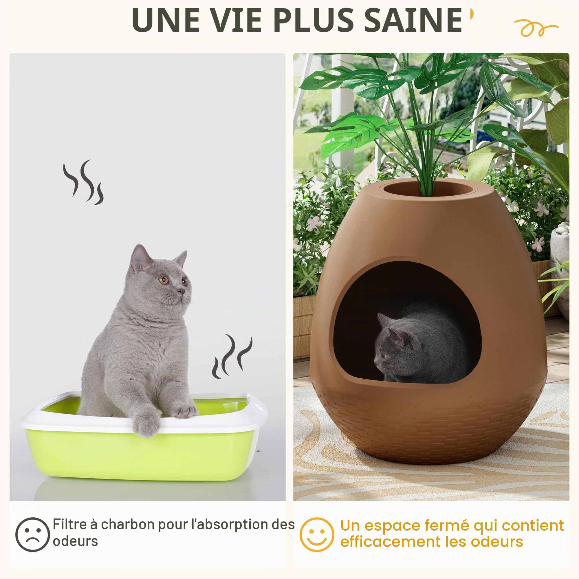 Bac à litière multifonction avec couvercle - Avec semelles en plastique pratiques - Convient à la plupart des chats - Choix idéal pour les appartements et les bureaux - Marron