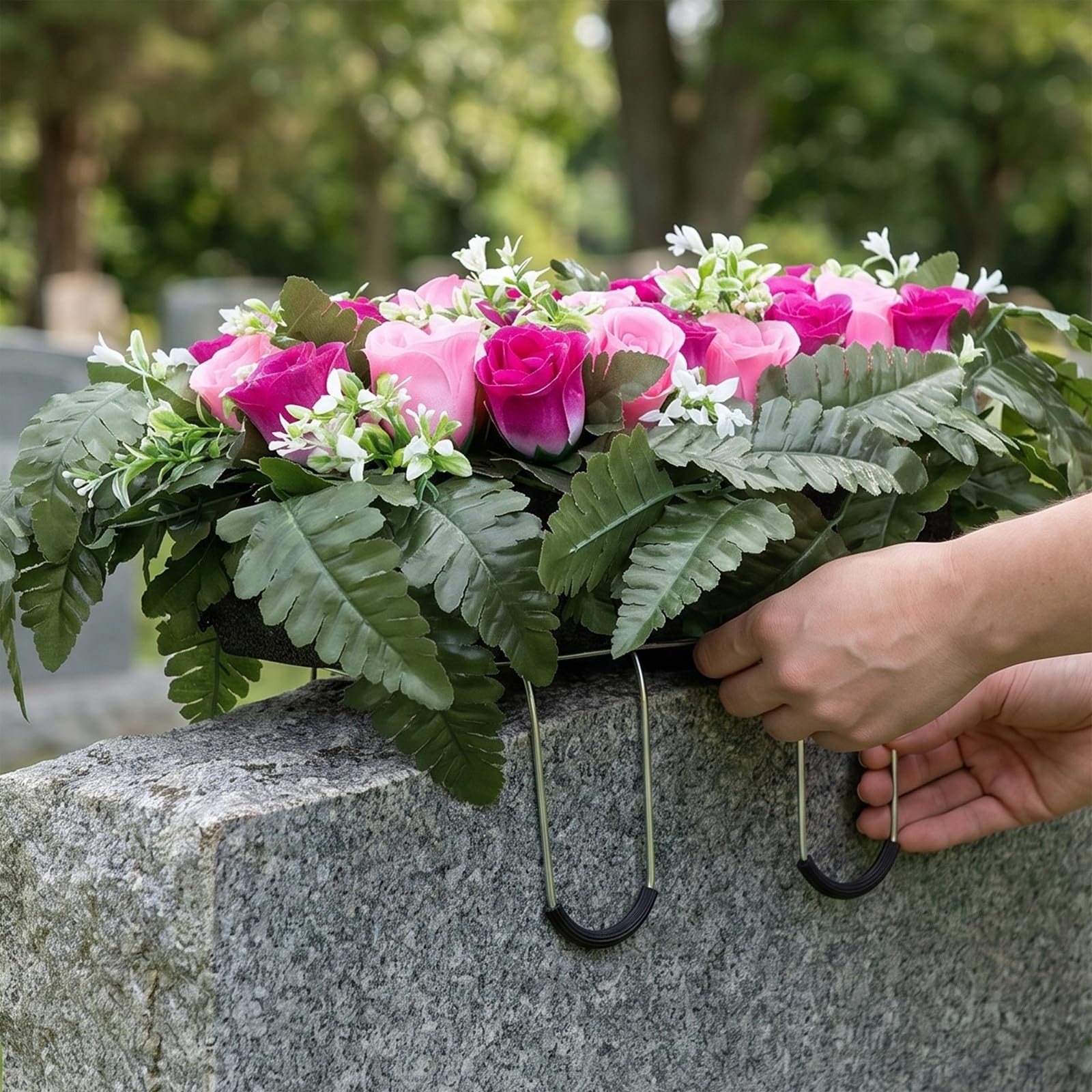 Operitacx Fleurs artificielles pour cimetière, Bouquets de Roses en Soie artificielles pour la décoration de tombes extérieures, résistantes aux intempéries et aux Couleurs éclatantes.