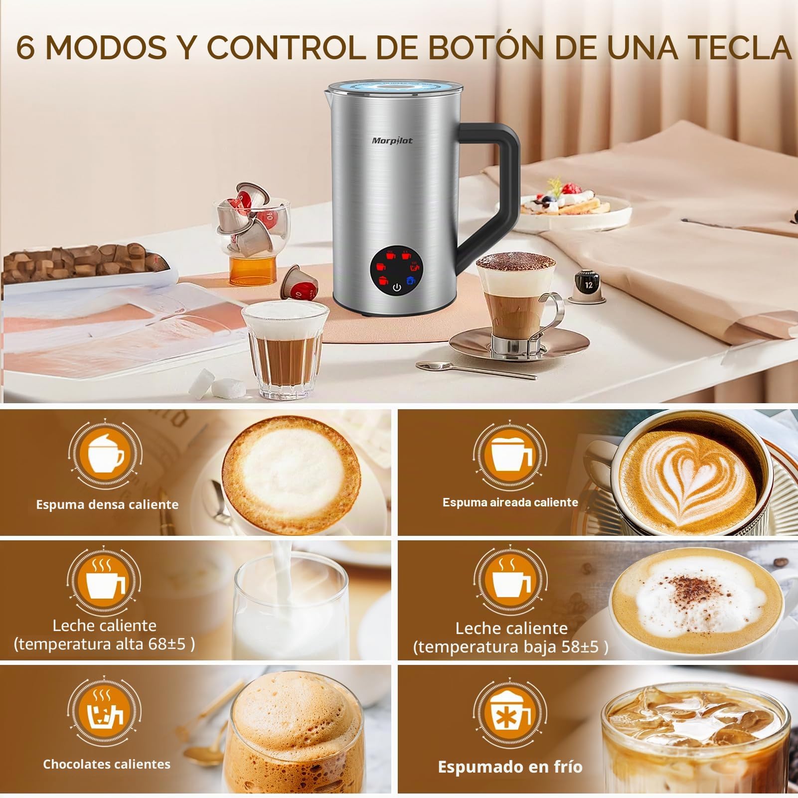 Morpilot Espumador de Leche Eléctrico, Milk Frother 6 en 1 para Leche Caliente y Chocolate, Espuma Caliente y Fría, 350 ml, 550 W, Acero Inoxidable