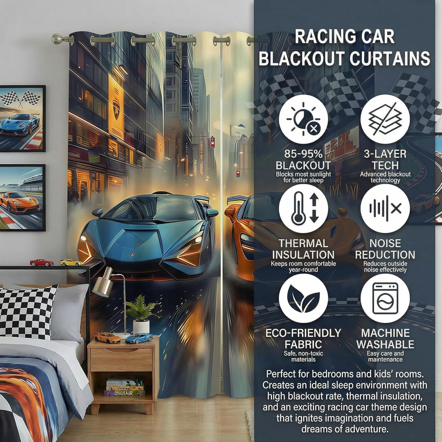 Race Car Blackout Curtains for Boys Bedroom, Racing Car Window Drapes for Kids Room, Thermal Insulated Grommet Darkening Curtains for Living Room, 55 x 63 Inch, 2 Panels