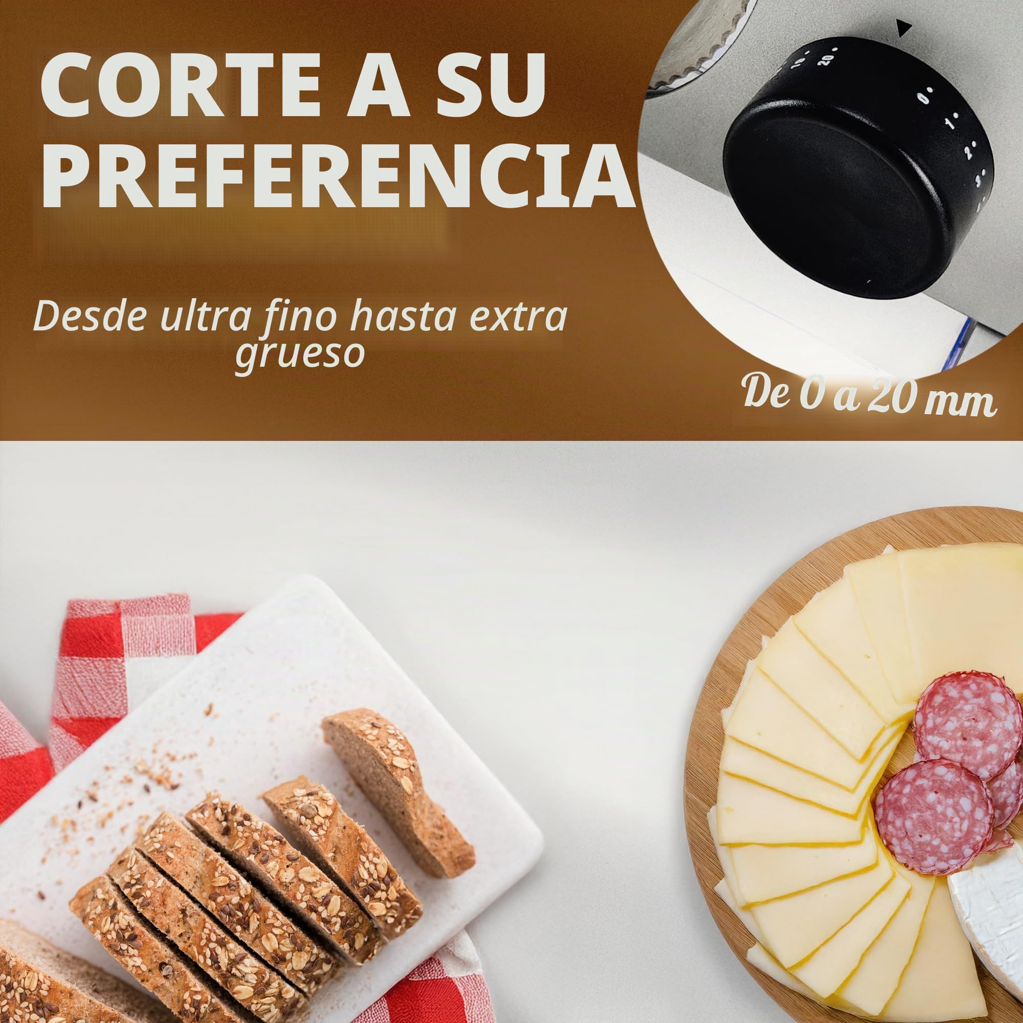 Bestron Cortador de pan con hoja de acero inoxidable RSG, fabricado en Alemania, ajuste de grosor de corte continuo de 0 a 20 mm, cortador con botón de cambio para funcionamiento automático y manual,