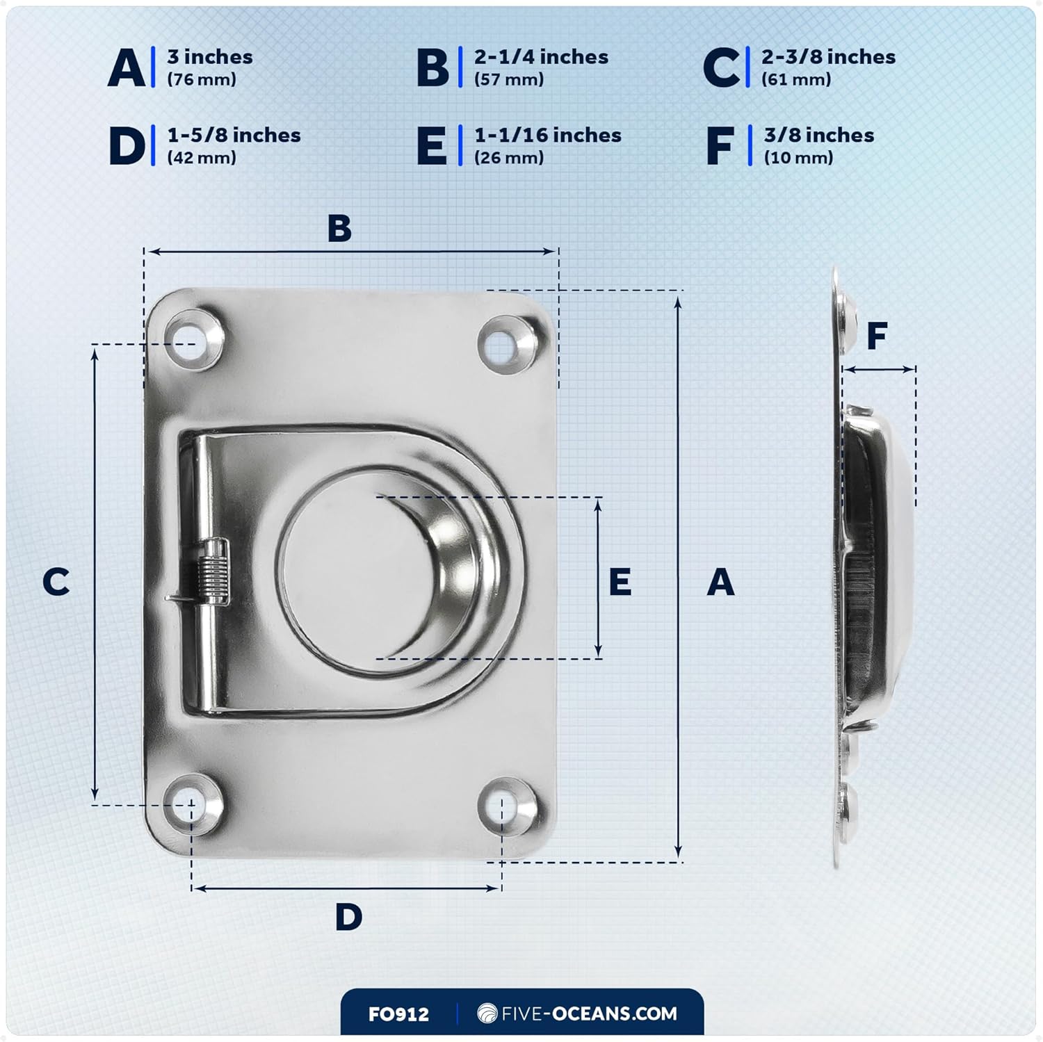 Five Oceans Rectangular Recessed Hatch, Boat Spring Loaded Pull Ring 3 x 2 1/4", Flush Mount, 304 Stainless Steel