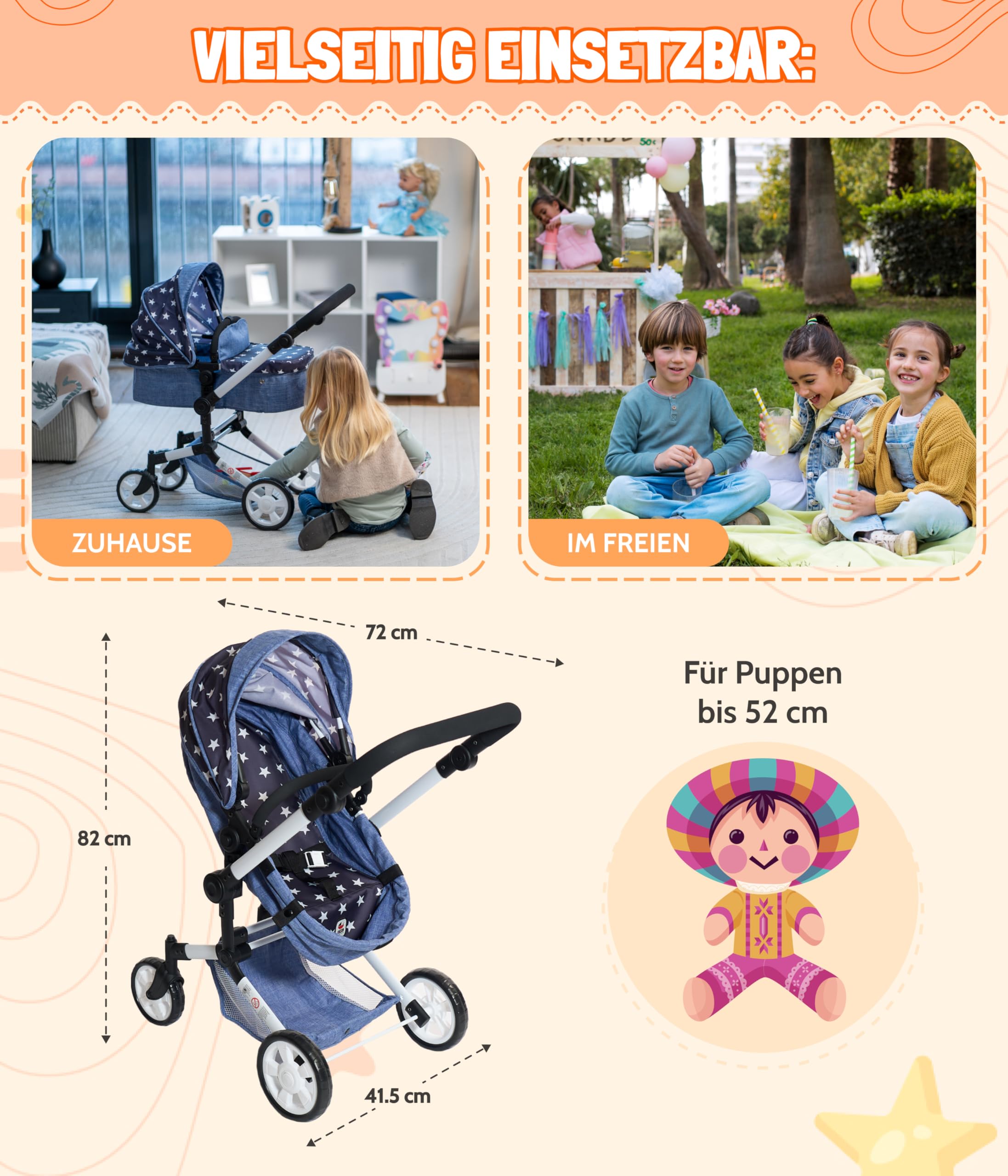 Bayer Chic 2000 - Wózek dla lalek Linus, wózek dla lalek kombi 3 w 1 dla dzieci w wieku od 4 do 8 lat, zestaw wózków dla lalek z fotelem samochodowym dla lalek, gwiazdka, granatowy