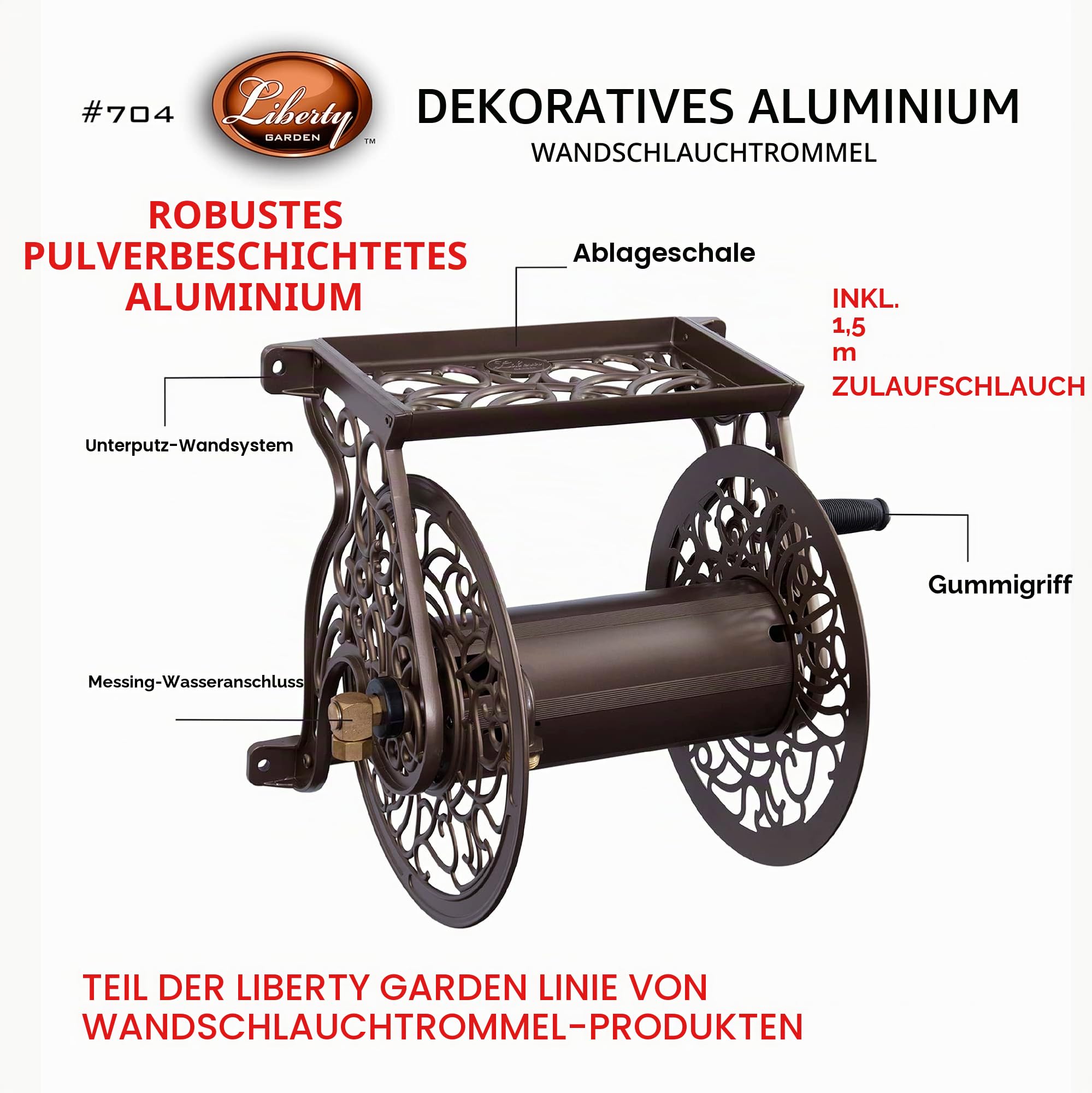 Liberty Garden 704 Gartenschlauchtrommel, dekorativ, Aluminiumguss, Wandhalterung, hält 125 Fuß von 1,6 cm (5/8 Zoll) Schlauch, Bronze