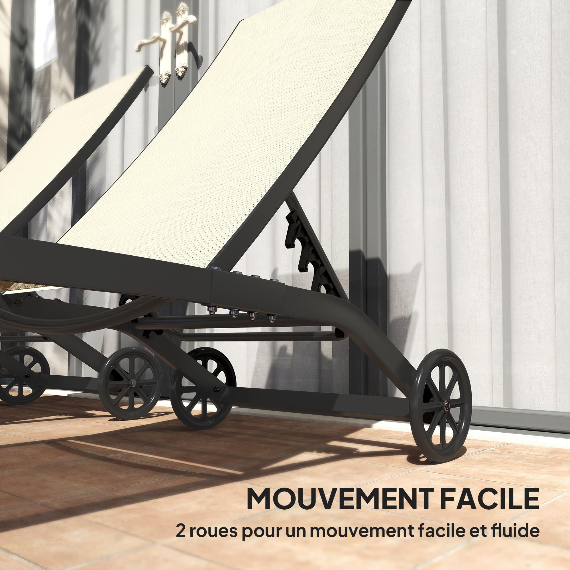 Outsunny Lot de 2 Bains de Soleil transat Chaise Longue inclinable en Aluminium et textilène avec roulettes Dossier Multipositions Charge Max. 150 Kg Kaki