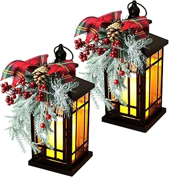 2Packs Christmas Candle Lantern14 Inch, Garden Flashing Candle Light, Decorative Hanging Lantern for Indoor Home Tables and Fireplaces Outdoor Patios, with Holiday Retro Black Decorative Ornaments
