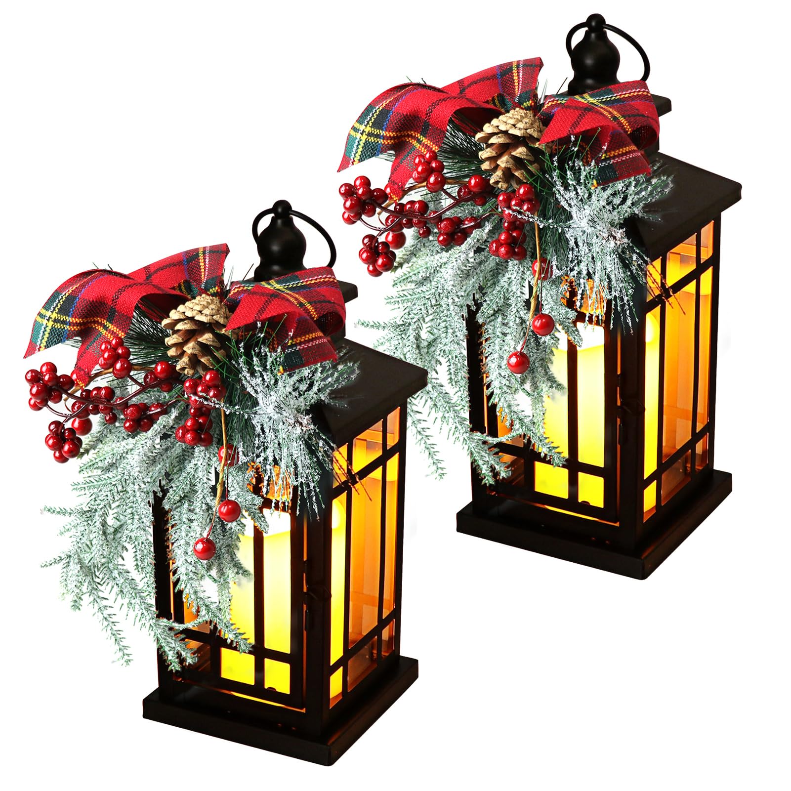 Paquete de 2 faroles de vela de Navidad de 14 pulgadas, linterna decorativa de Navidad colgante con adorno de Navidad para mesas de interior y hogar, chimeneas, patio al aire libre