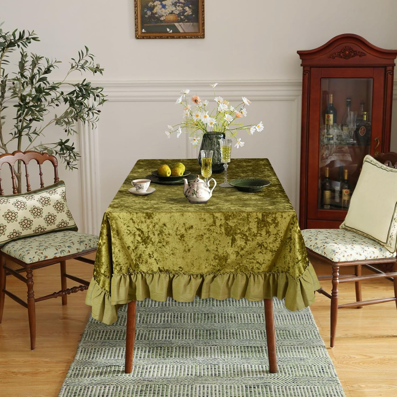 Velvet Tablecloth, Vintage French Country Farm House Kitchen Dining Table Outdoor Party Christmas Ruffles Ruffle Party Placemat (Olive Green, W63*L118)