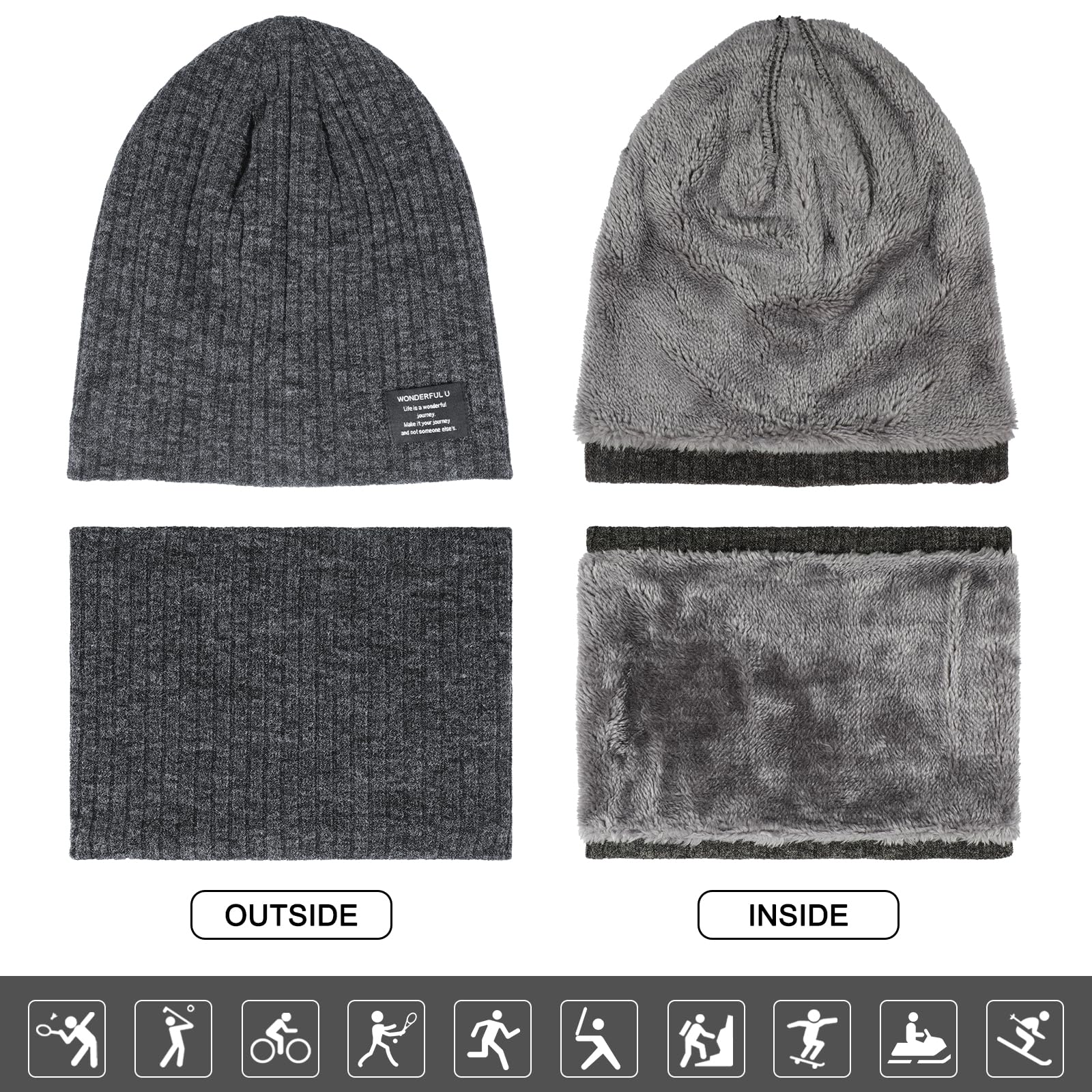 Czapka zimowa zestaw szalików, uniseks, gruba ciepła dzianinowa czapka typu beanie, okrągły dekolt, ocieplacz na szyję, zestaw z polarem, do sportów na świeżym powietrzu, narciarstwa, wędrówek,
