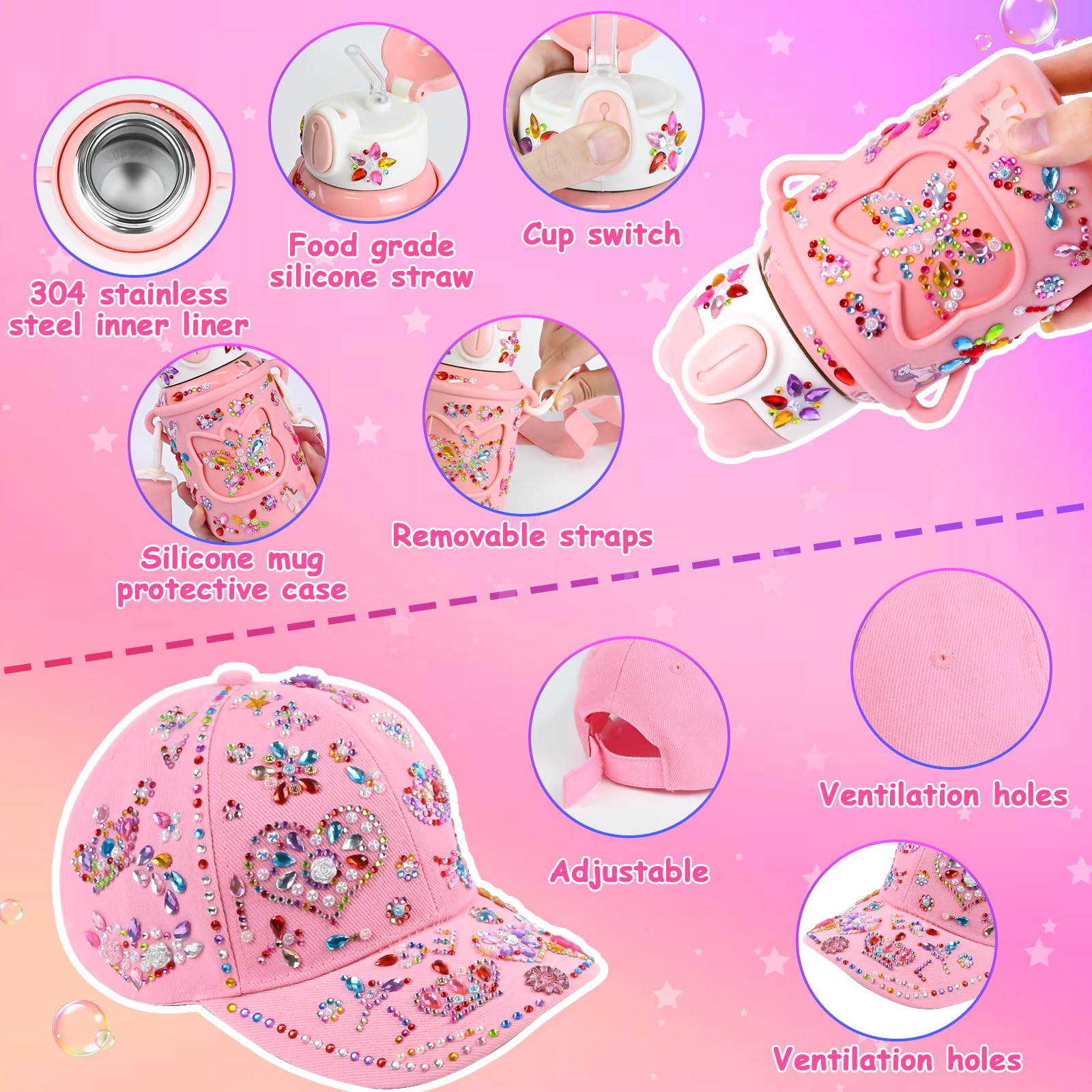 Kit Fai Da Te Borraccia E Berretto Con Pietre Glitterate - Regalo Per Ragazze 4-12 Anni | Stile Unicorno - Foto 2