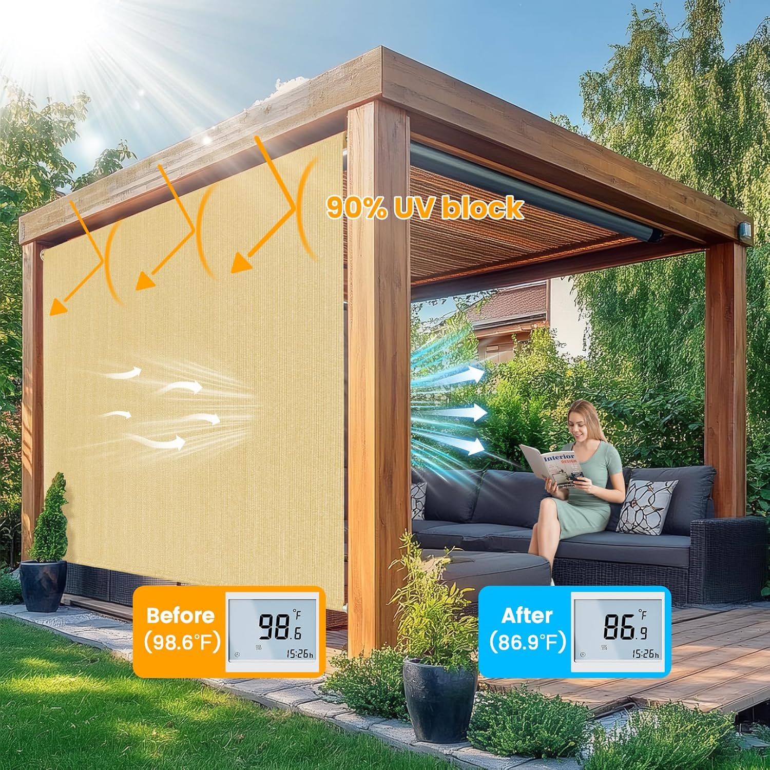 6'W x 8'H Sesame Patio Shades Roll up Outdoor Roller Shade Crank Wand Blind Cordless, 90% UV Blocking & Privacy Protection for Porch|Gazebo|Pergola|Backyard (2 Splicing Tube, 1 Fabric)