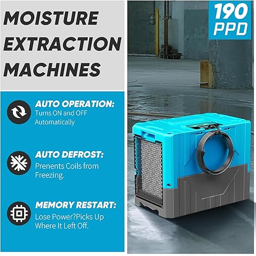 Miniatura 5 de Deshumidificador comercial de 190 pintas para sótanos con manguera de drenaje de bomba, deshumidificadores LGR con ruedas, deshumidificador de