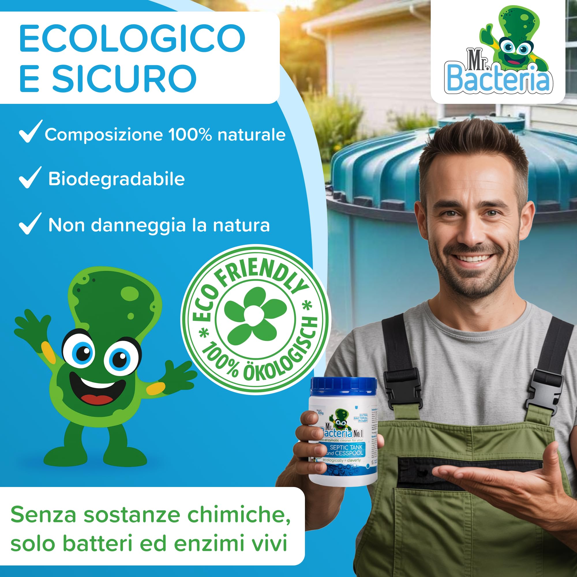 Mr. Bacteria No.1 Attivatore bio-Enzimatico per Fosse Settiche e Biologiche, Attivatore Trattamento e Pulizia Batteri per Fossa Biologica, Attivatore biologico per pozzi neri 500g (1)