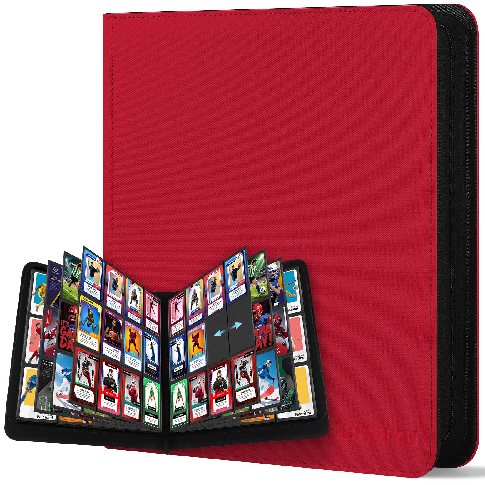 WITHYU Album da Collezione per Carte 12 Tasche, Capacità 720 Carte, Impermeabile, con Chiusura Lampo, per TCG, Calcio e Carte da Collezione, Portatile (Rosso Vinaccia)