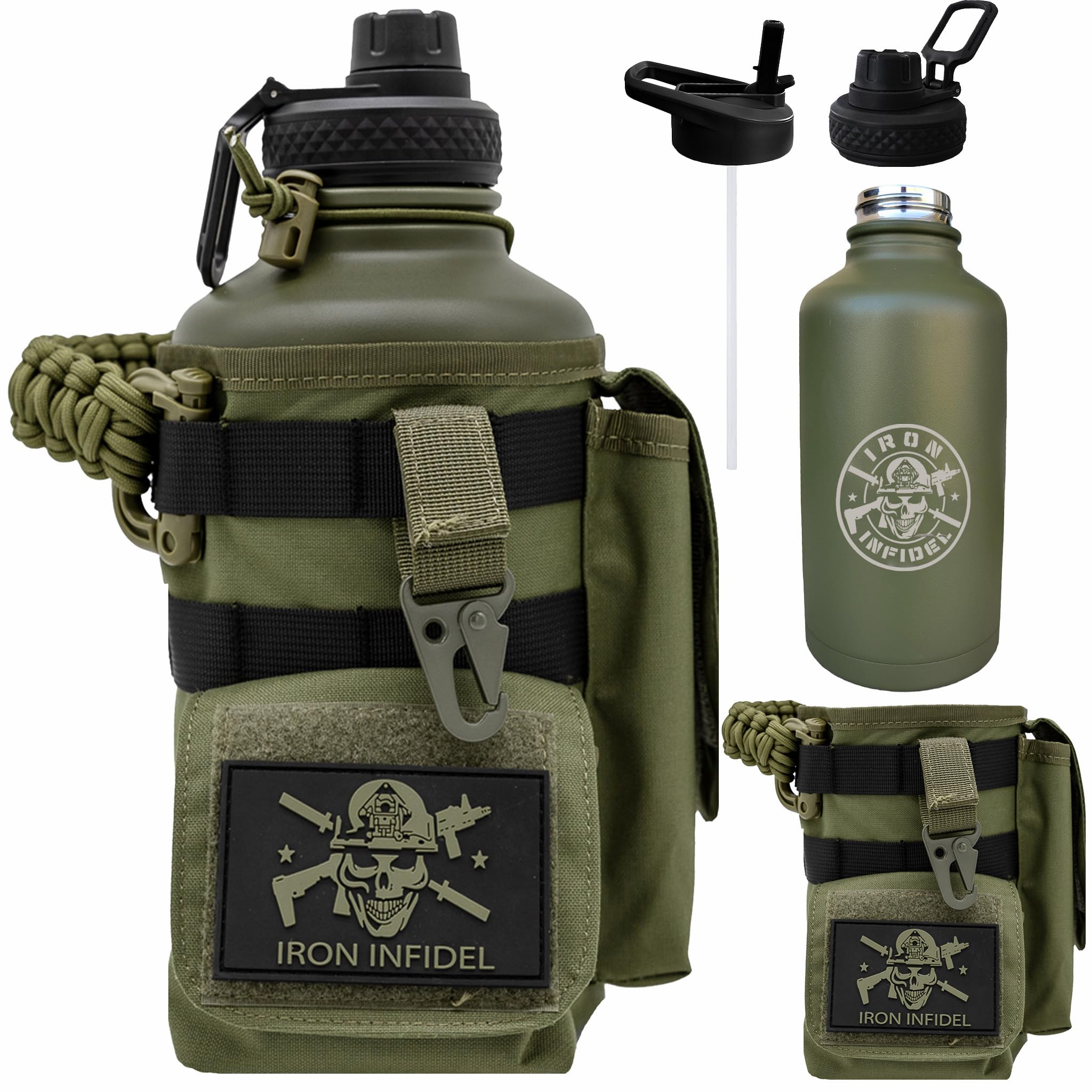 Iron Infidel Battle Bottle - Half Gallon Insulated Water Bottle with Paracord Handle, Large 64 oz Stainless Steel Water Jug with Rugged, Removable Sleeve for Keys, Wallet &amp; Phone (Gangrene 2L)