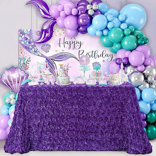 Miniatura 9 de B-COOL Mantel rectangular con diseño de rosetas de 90 x 132 pulgadas, mantel de satén floral 3D morado para decoración de mesa de fiesta de ceremonia