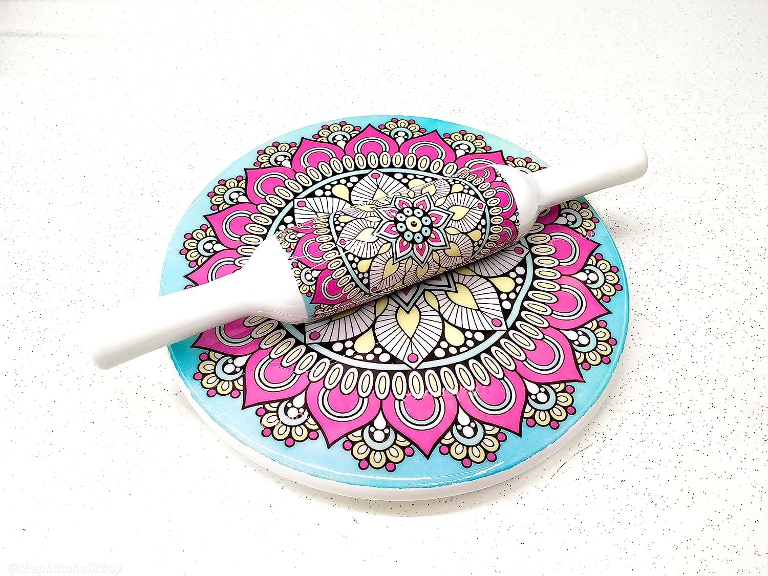 Chakla Belan en marbre blanc de 25,4 cm avec rouleau émaillé à motif