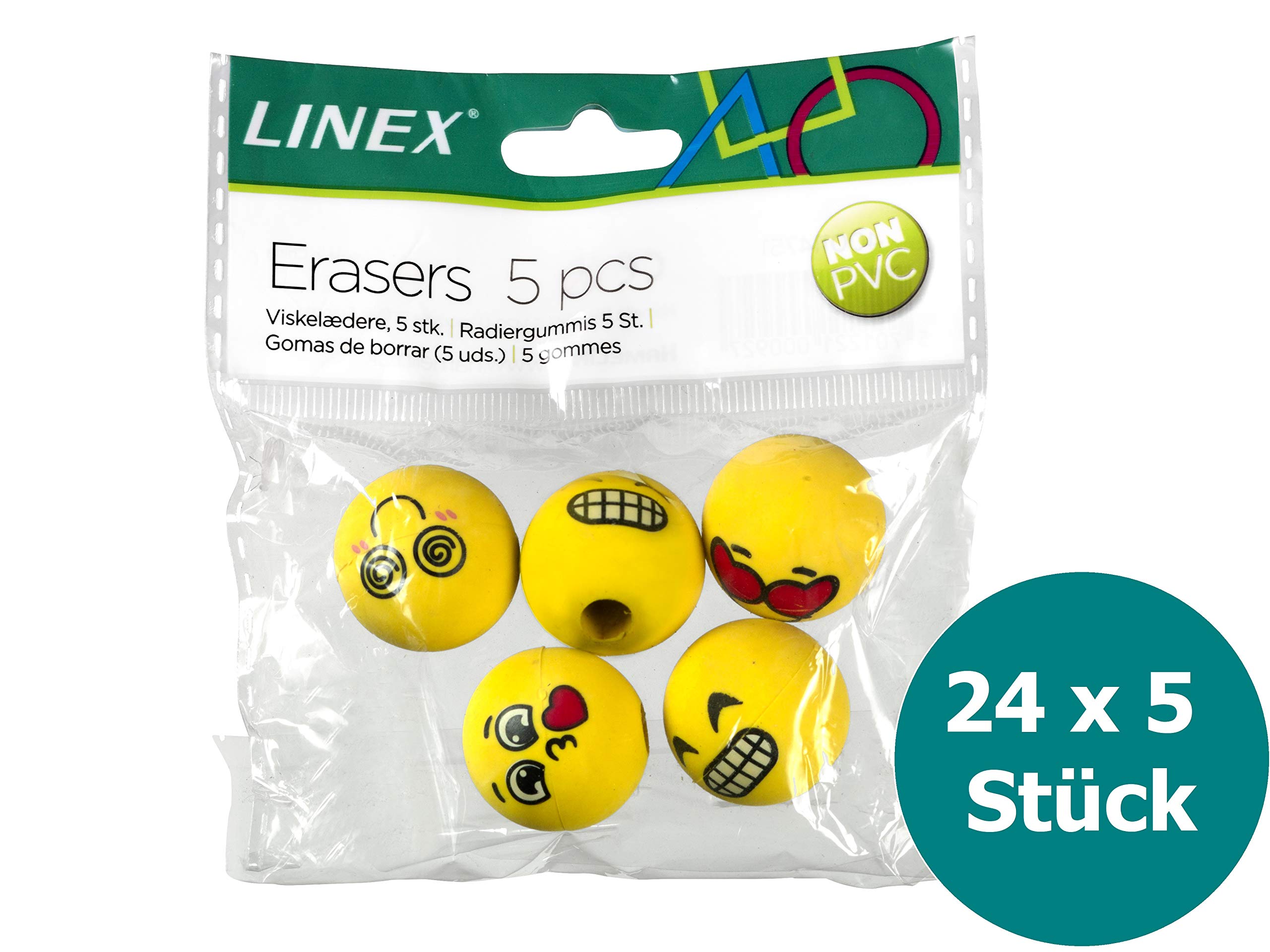Linex Aufsteckradiergummis Motivdruck Lachgesichter, rund, 24 Beutel mit 5 Radierern mit unterschiedlichen Ausdrücken (120 Radierer)