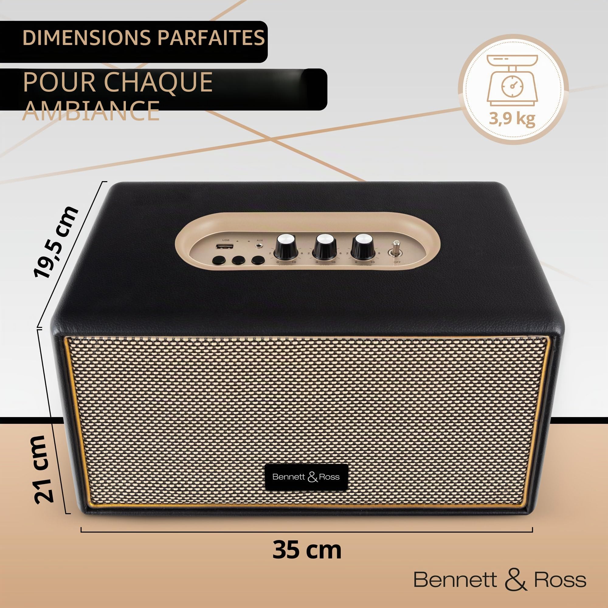 Bennett & BB-860A BK Blackmore Haut-Parleur Bluetooth rétro en Cuir avec accu 6000 mAh - Haut-Parleur Vintage avec 60W - Fonction stéréo True Wireless - Enceinte Noir