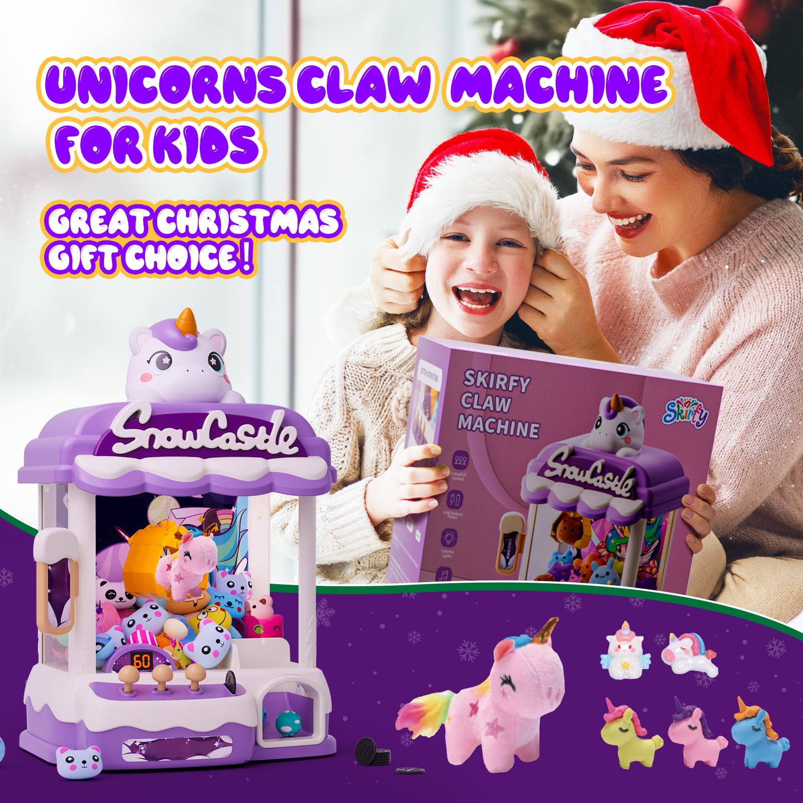 Skirfy Máquina de garras para niños, juguetes de unicornios para niñas a partir de 6 años, dispensador de caramelos, mini venta de juegos de arcade con pulsera de palmadas, regalos de cumpleaños de