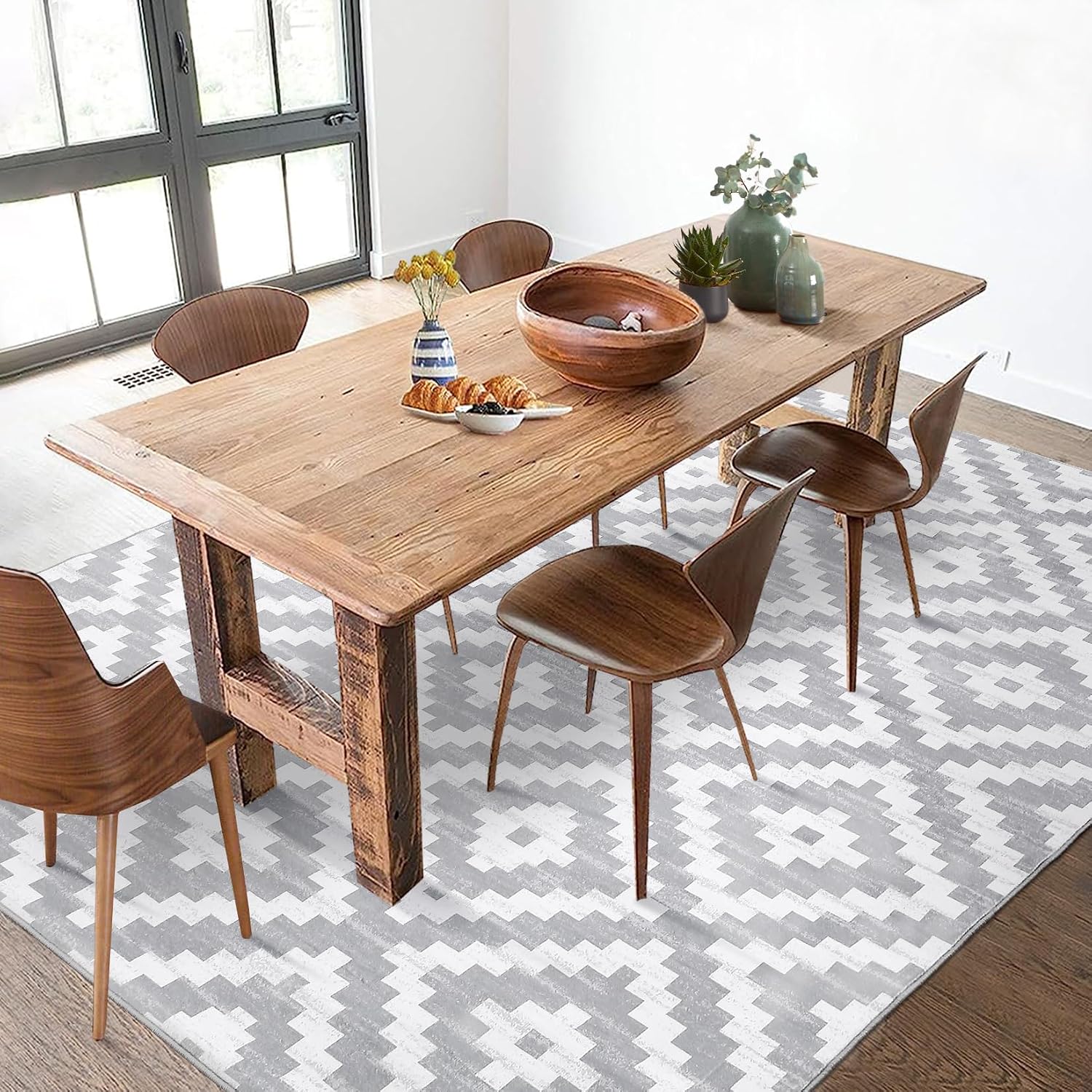 Garvee 9x12 Washable Rugs for Living Room, Geometric Checkered Area Rug Modern Distressed Indoor Mat Low Pile Neutral Soft Carpet Non Slip Stain Resistant Rug for Bedroom, Office, Nursery, Grey
